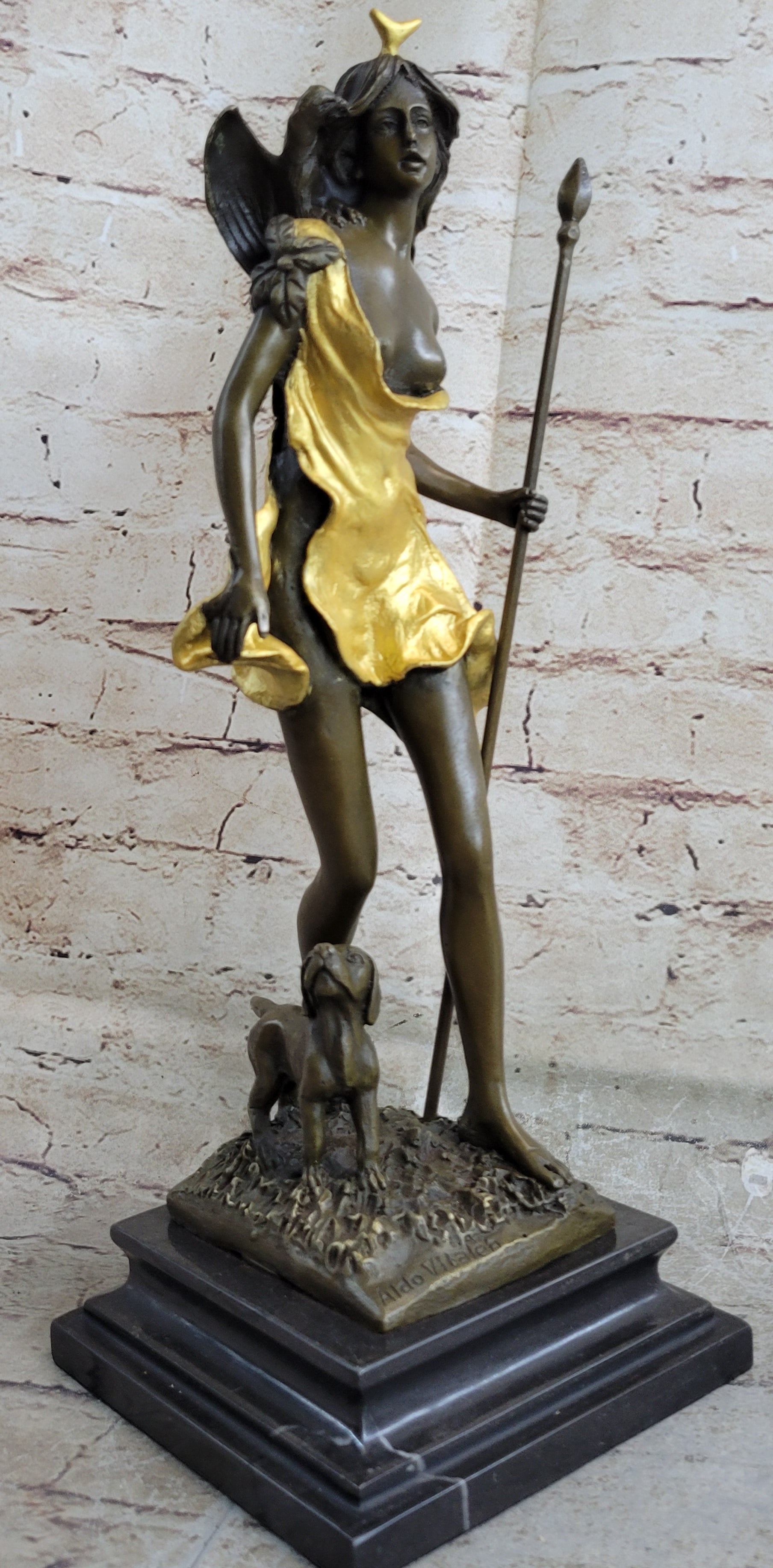 Signed Original Aldo Vitale Nude Diana the Huntress and her Dog Bronze Sculpture