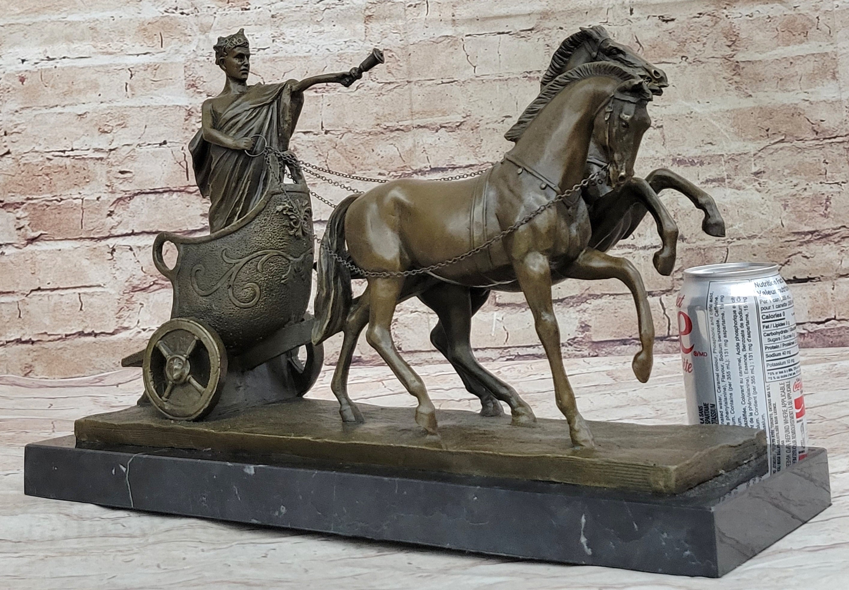 Roman Caesar Pulled by Horses on Chariot Bronze Statue Sculpture Figure 11" x 17"