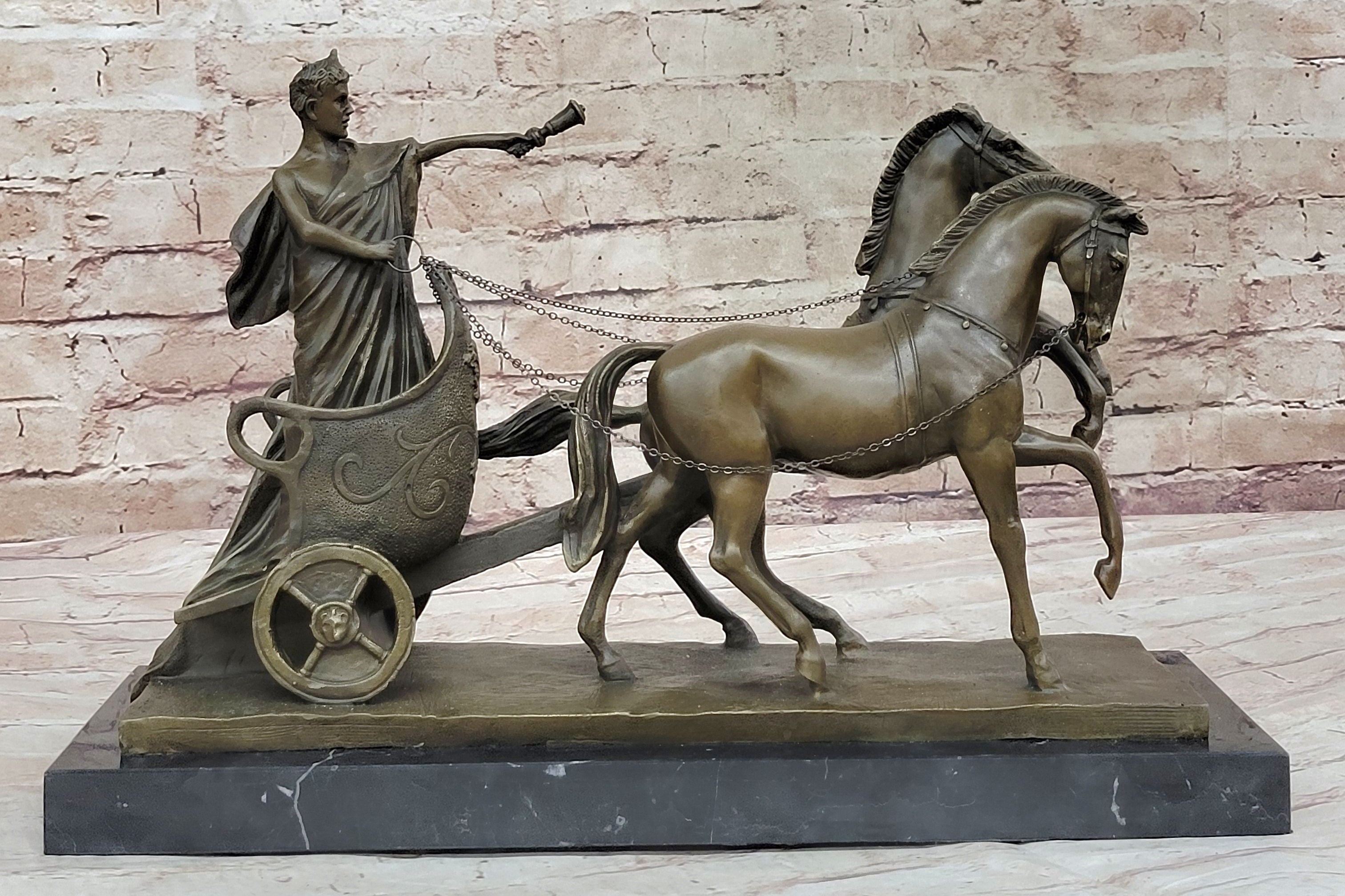 Roman Caesar Pulled by Horses on Chariot Bronze Statue Sculpture Figure 11" x 17"