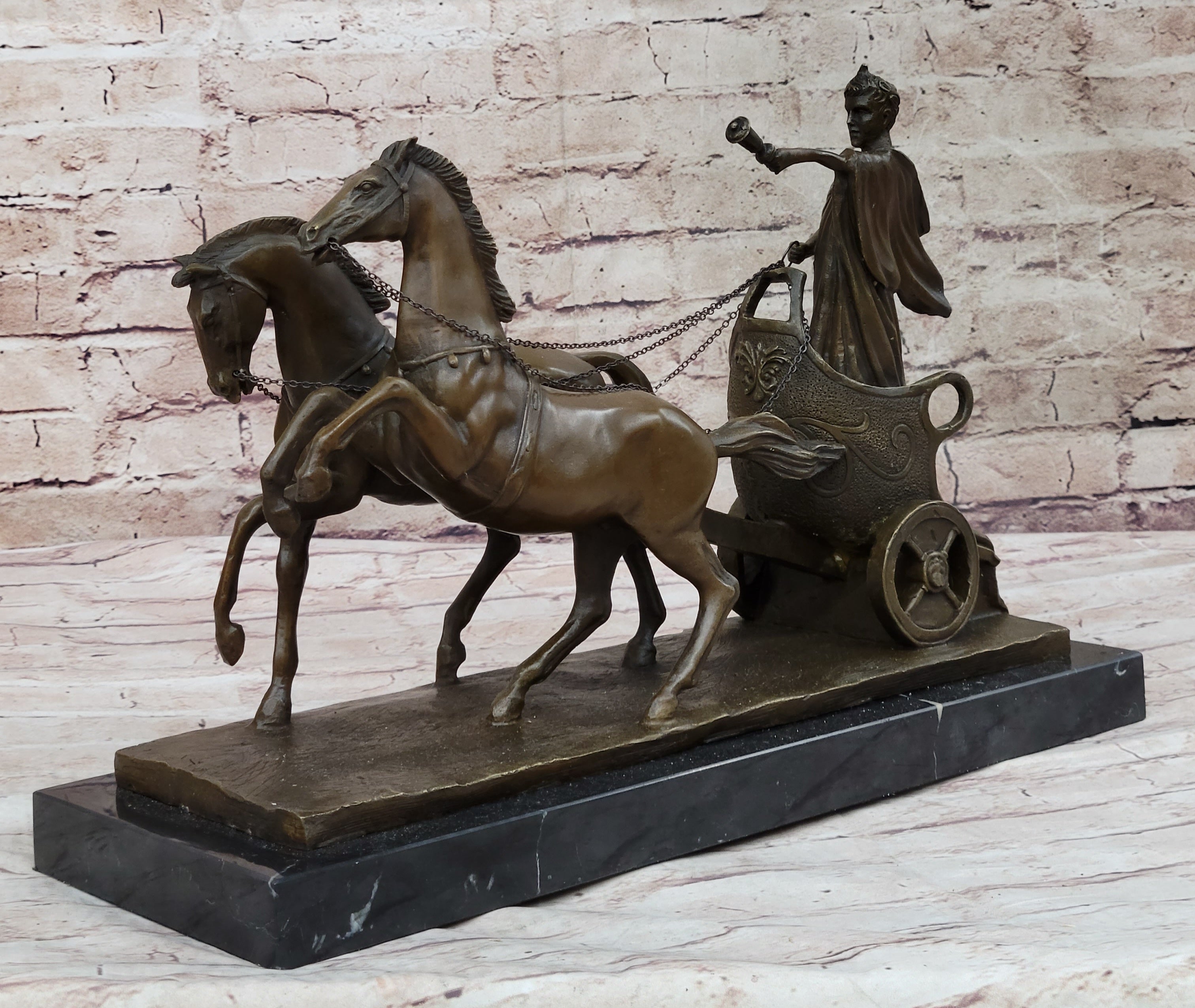 Roman Caesar Pulled by Horses on Chariot Bronze Statue Sculpture Figure 11" x 17"