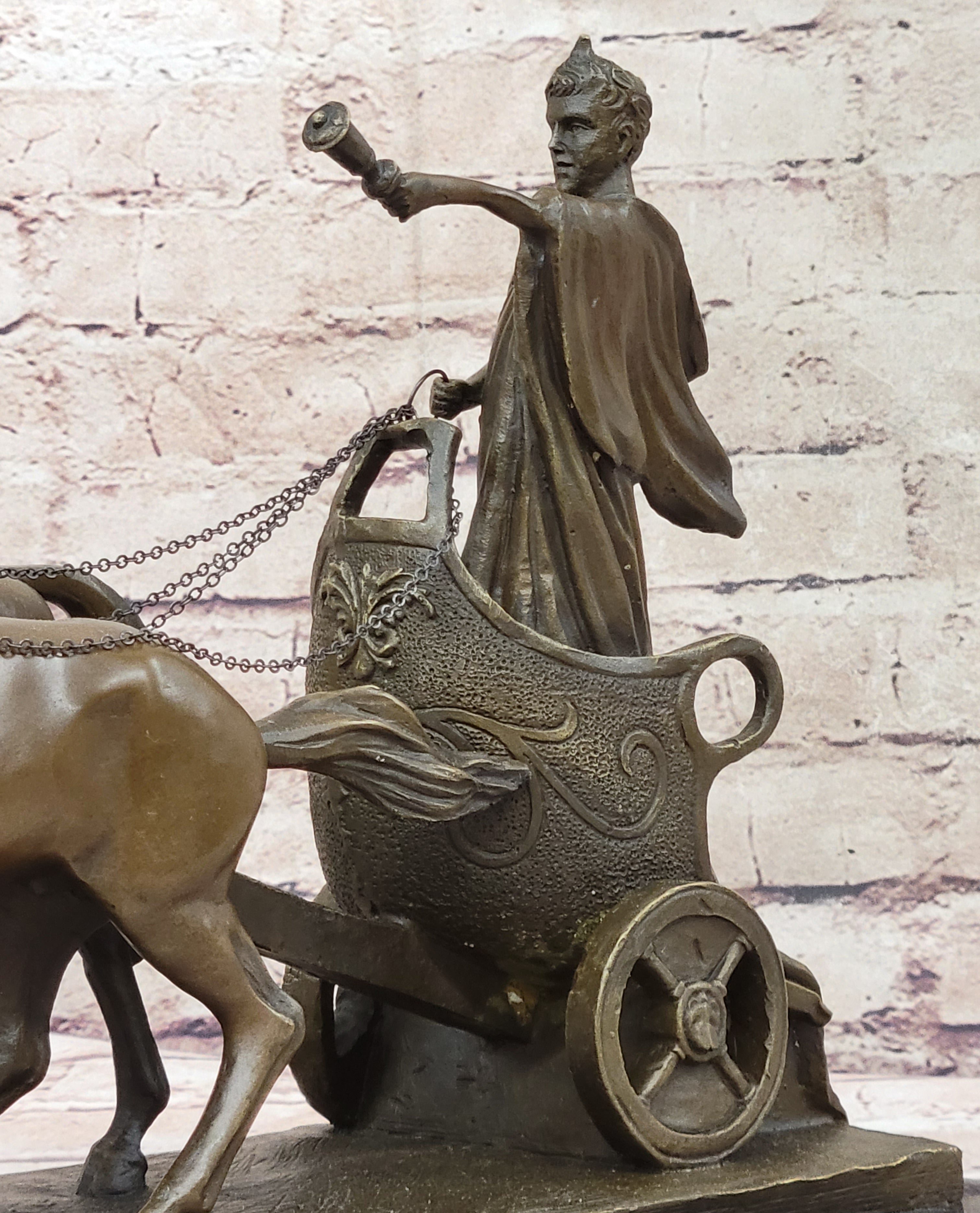 Roman Caesar Pulled by Horses on Chariot Bronze Statue Sculpture Figure 11" x 17"