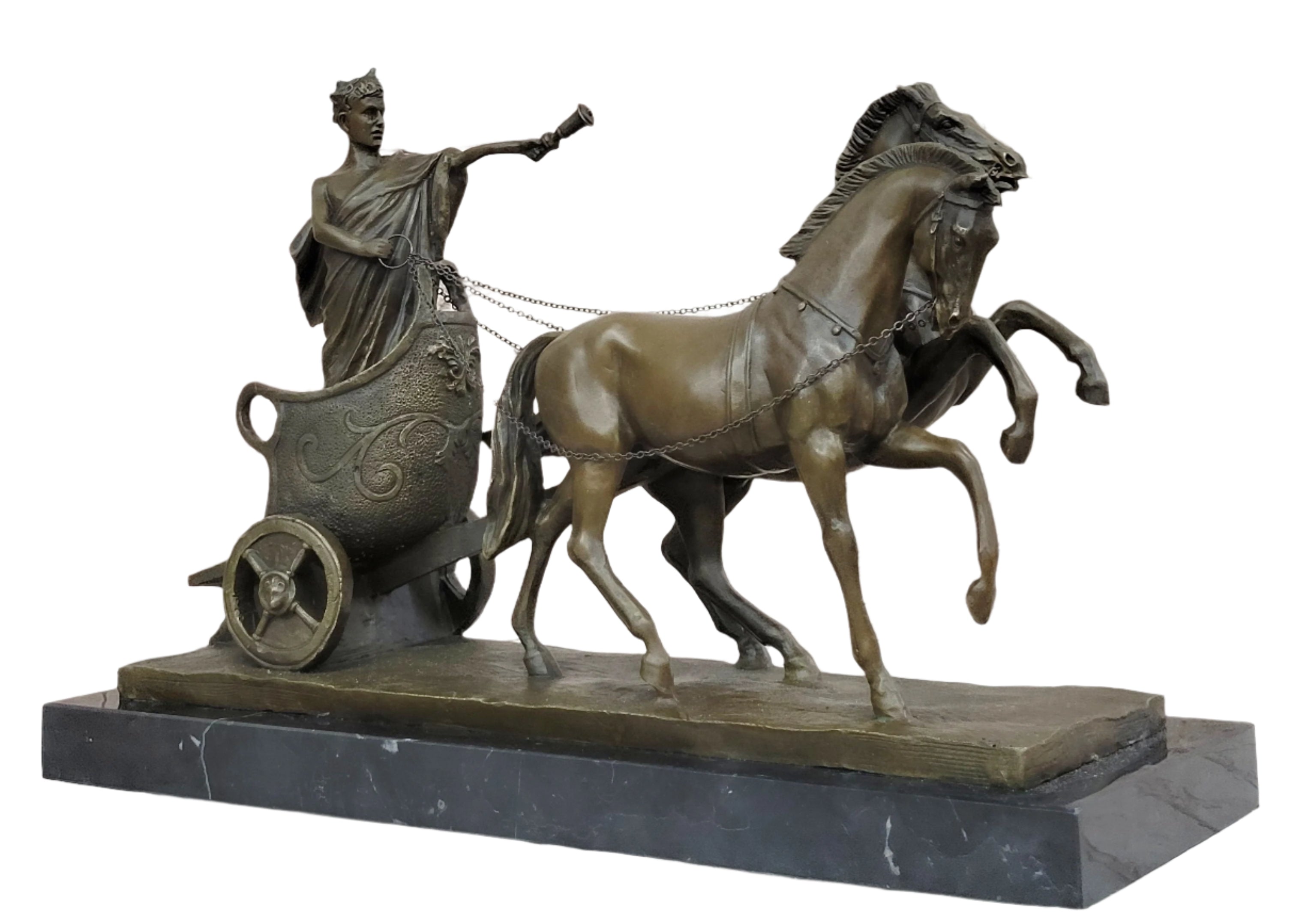 Roman Caesar Pulled by Horses on Chariot Bronze Statue Sculpture Figure 11" x 17"