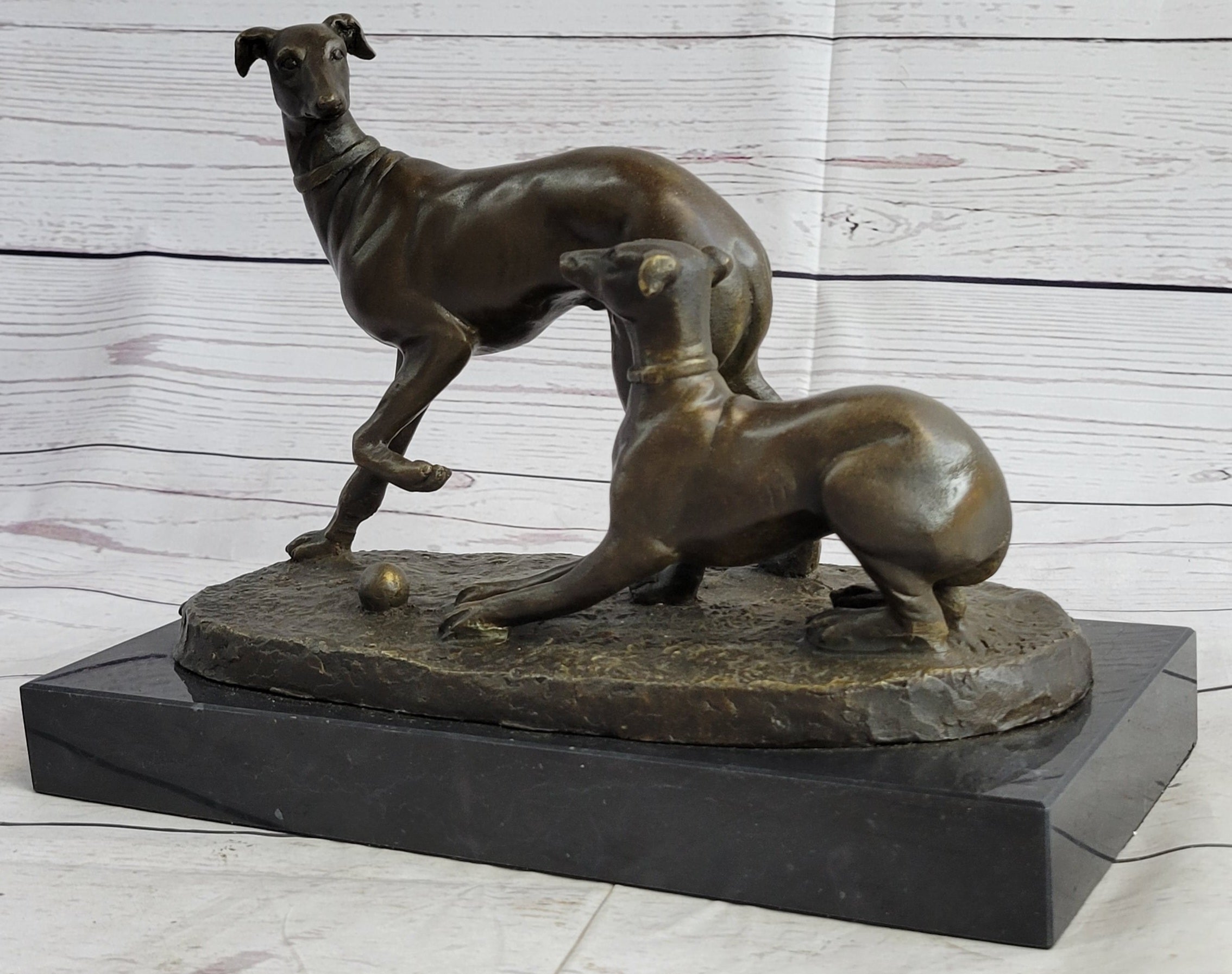 Pj Mene Two Greyhounds Dogs Playing'Argente And Dore Bronze Statue Sculpture