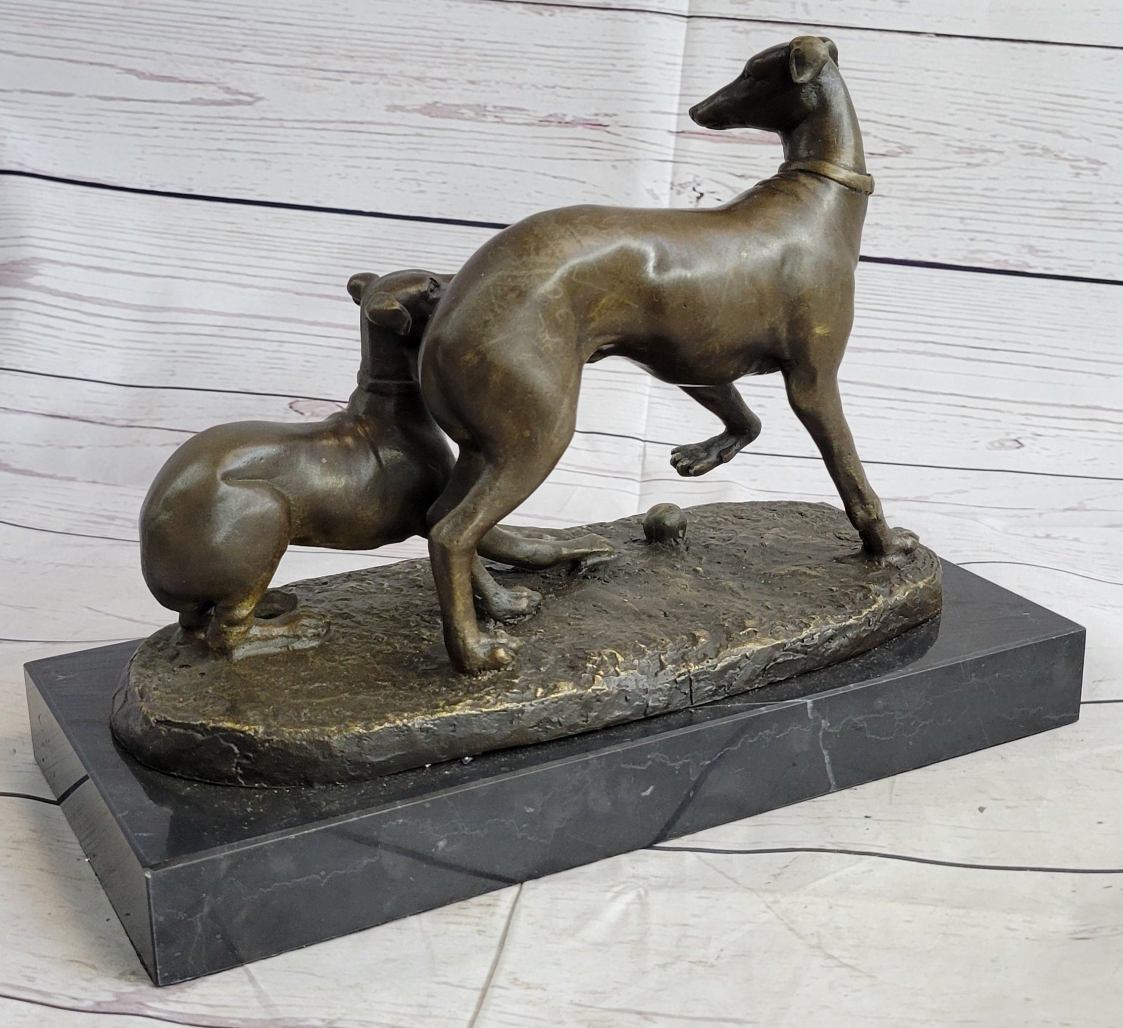 Pj Mene Two Greyhounds Dogs Playing'Argente And Dore Bronze Statue Sculpture