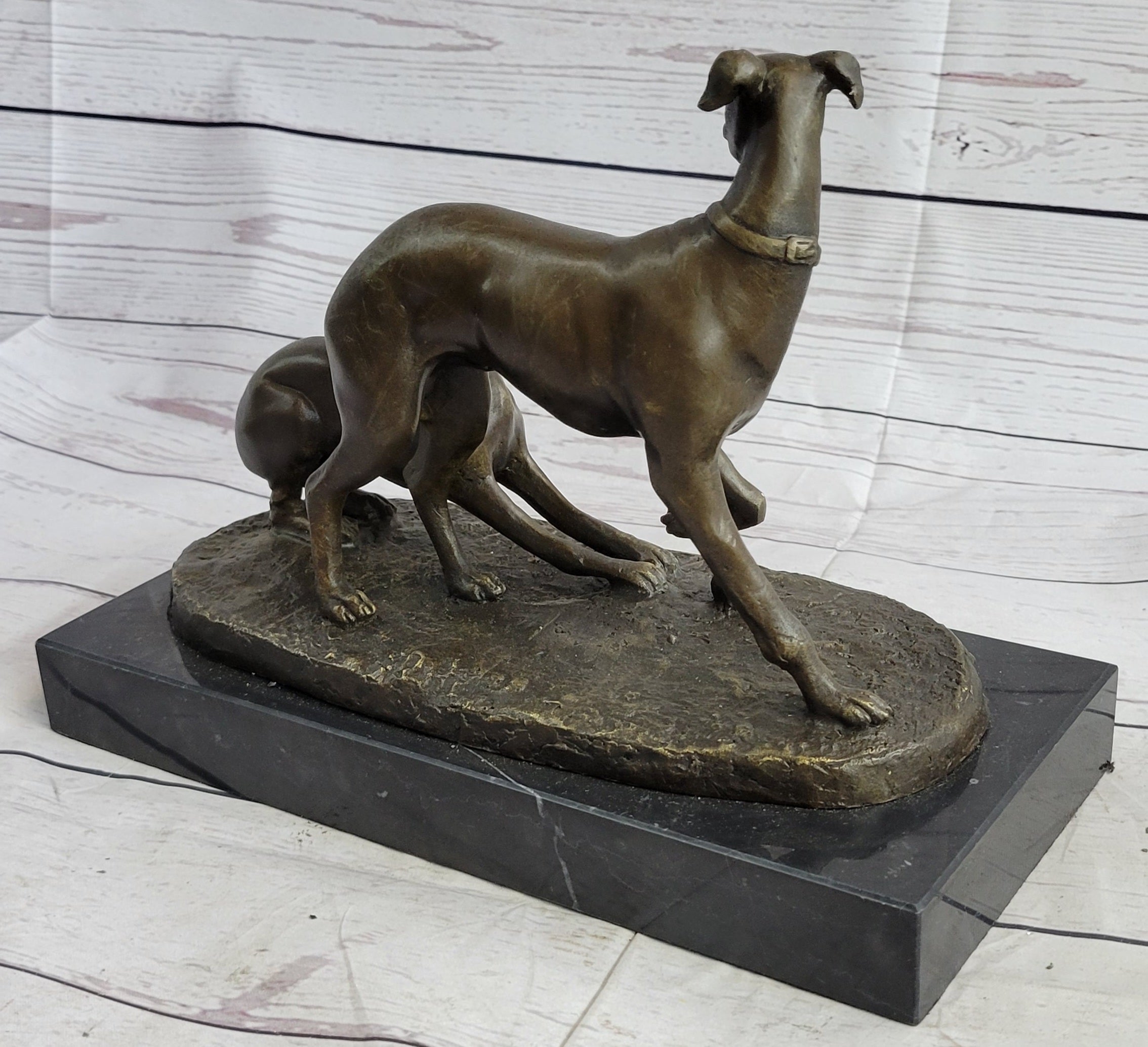 Pj Mene Two Greyhounds Dogs Playing'Argente And Dore Bronze Statue Sculpture