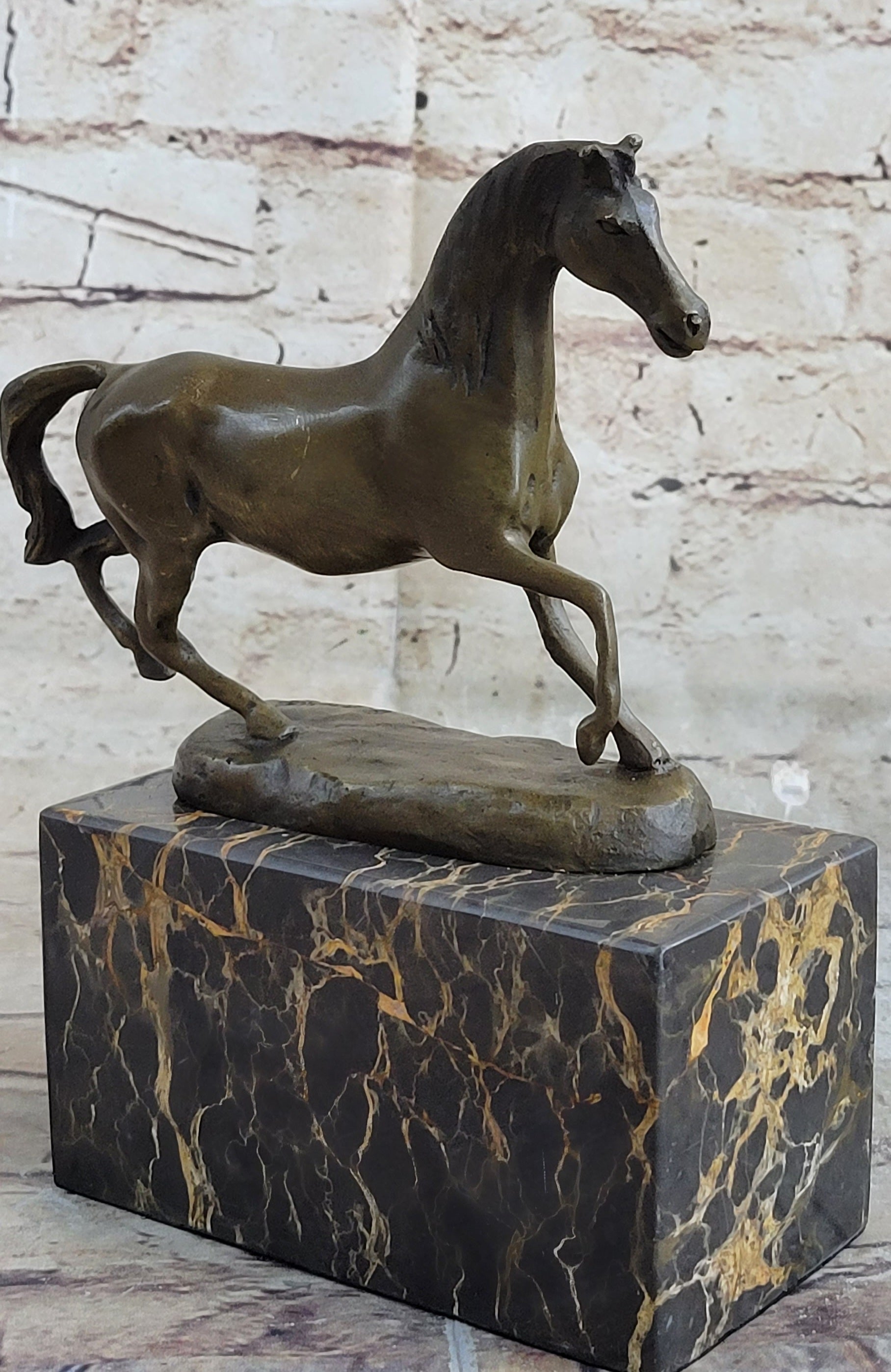 Hot Cast Bronze Galloping Horse Miniature Bronze Sculpture Statue Figure on Marble Base