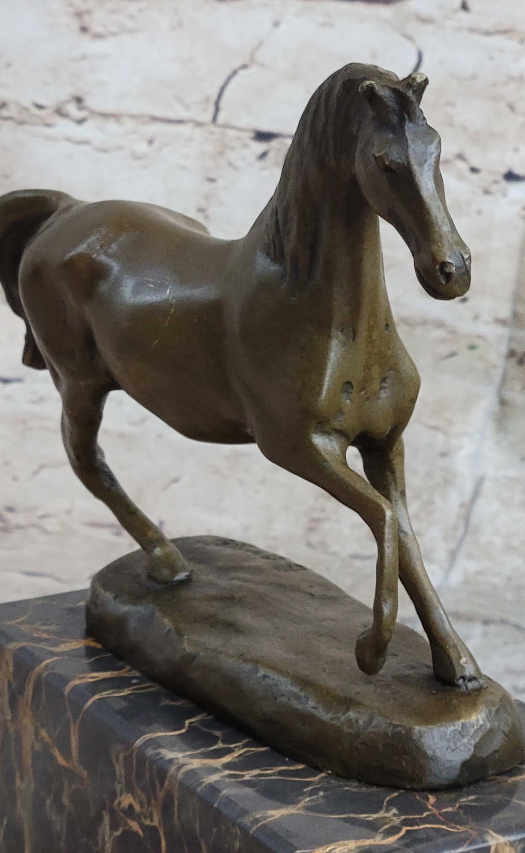 Hot Cast Bronze Galloping Horse Miniature Bronze Sculpture Statue Figure on Marble Base