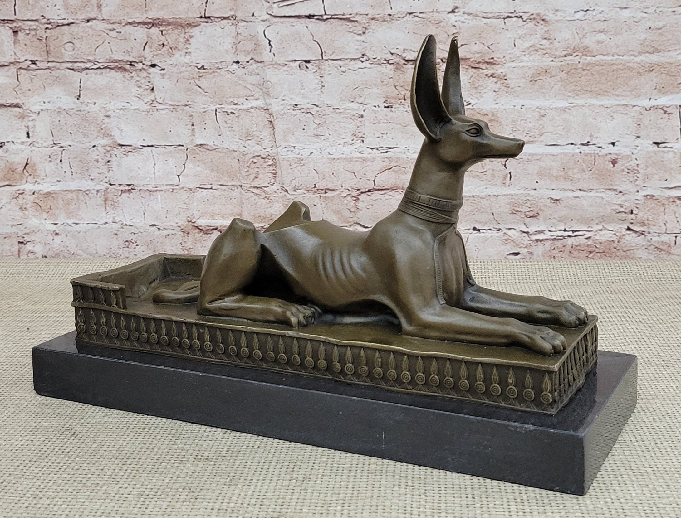 Anubis Jackal Dog Egyptian Decor God Mythology Bronze Sculpture Statue Figure on Marble Base