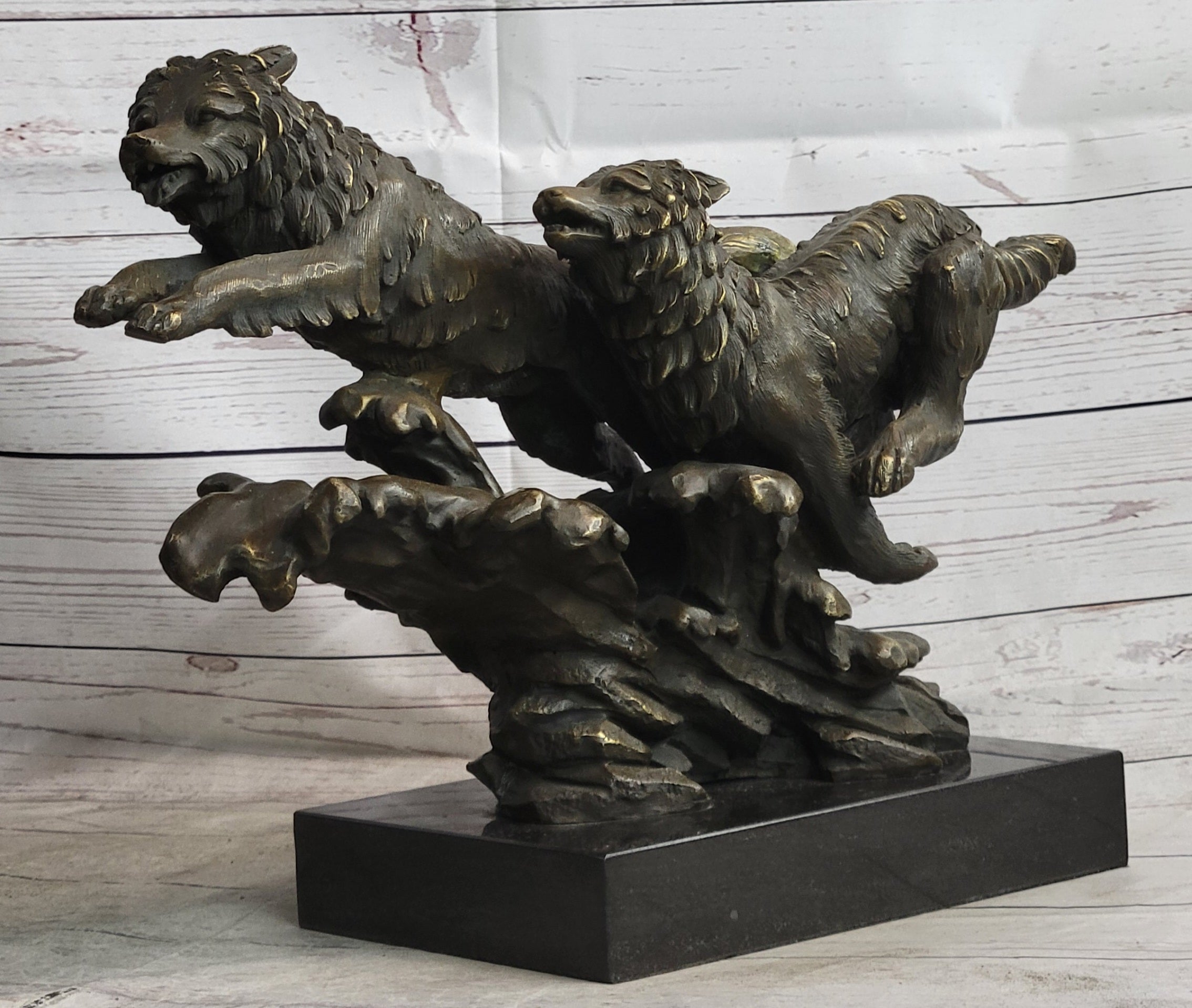 Running Wolves Dogs Wildlife Bronze Sculpture Statue Decor Signed Original Art