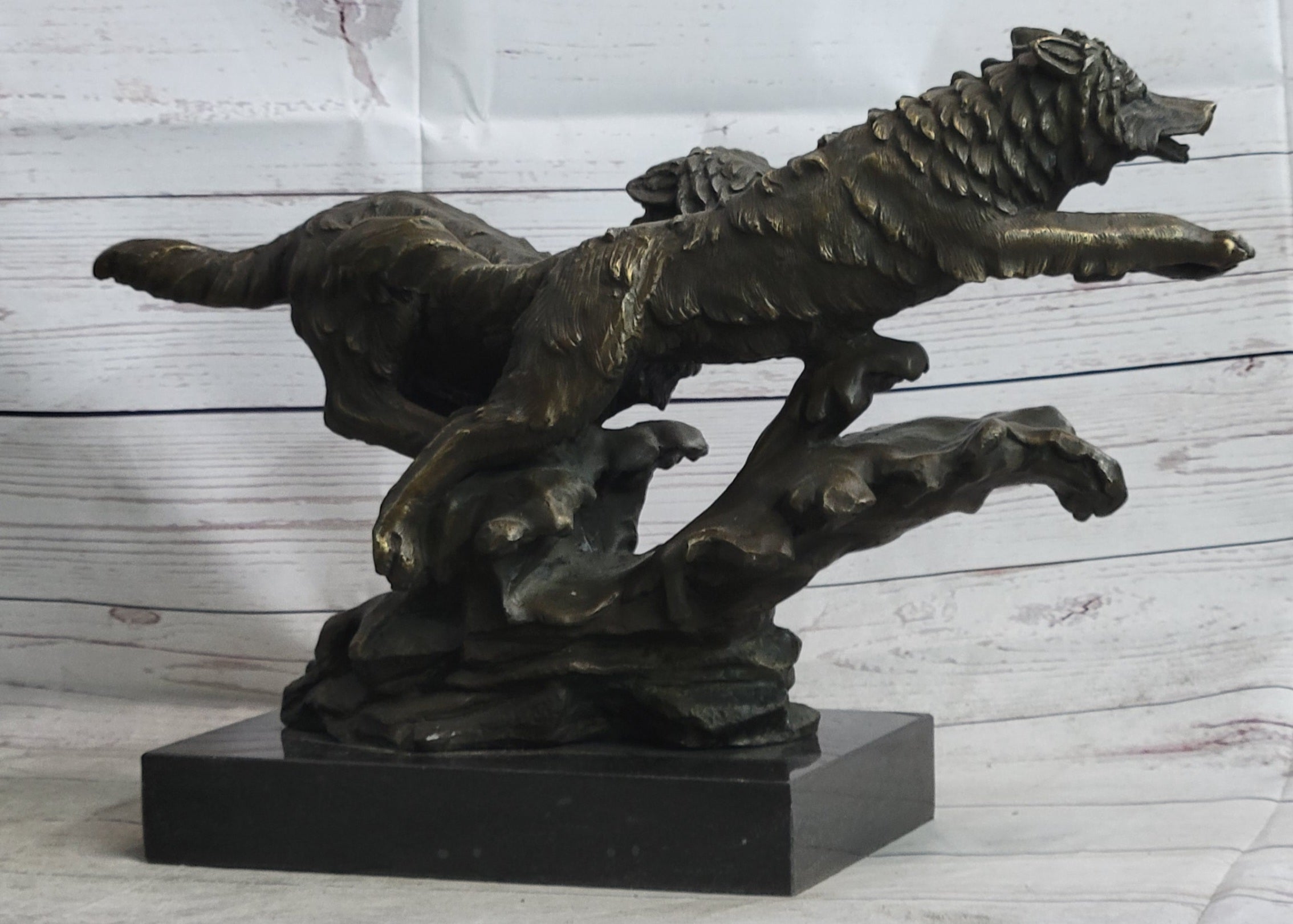 Running Wolves Dogs Wildlife Bronze Sculpture Statue Decor Signed Original Art