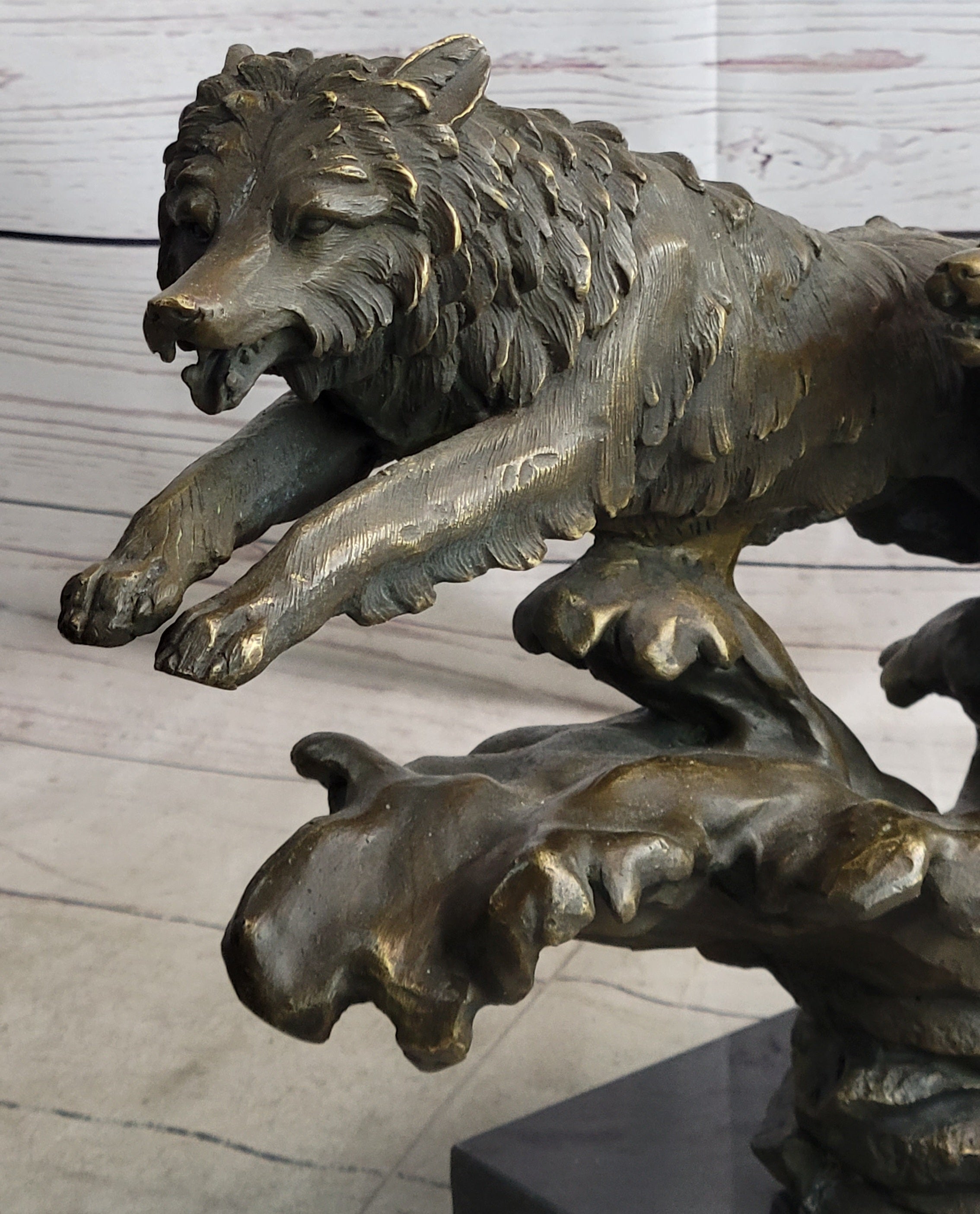 Running Wolves Dogs Wildlife Bronze Sculpture Statue Decor Signed Original Art