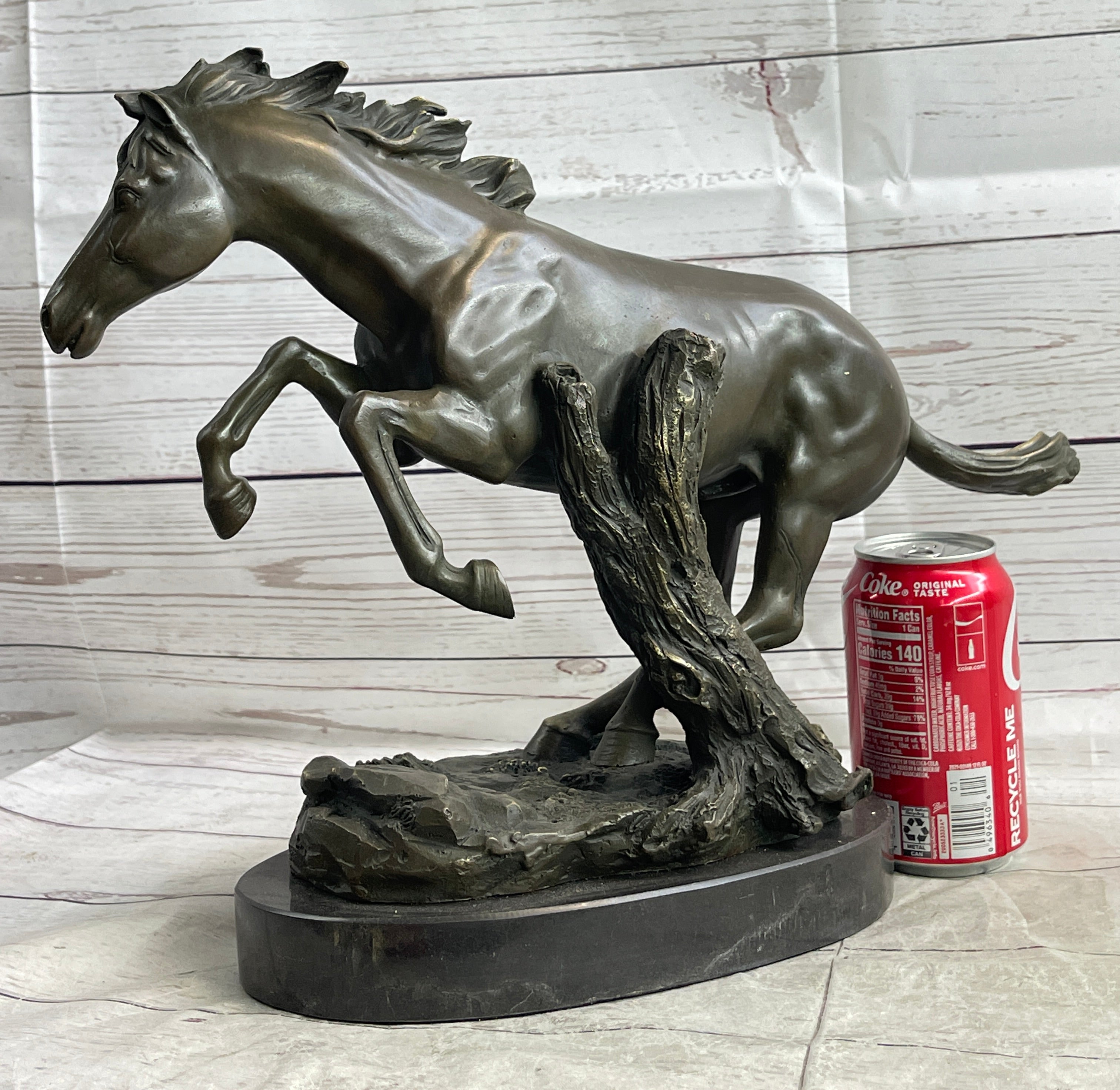 Running Galloping Wild Horse Mustang Bronze Sculpture Statue Figure Decor on Marble Base