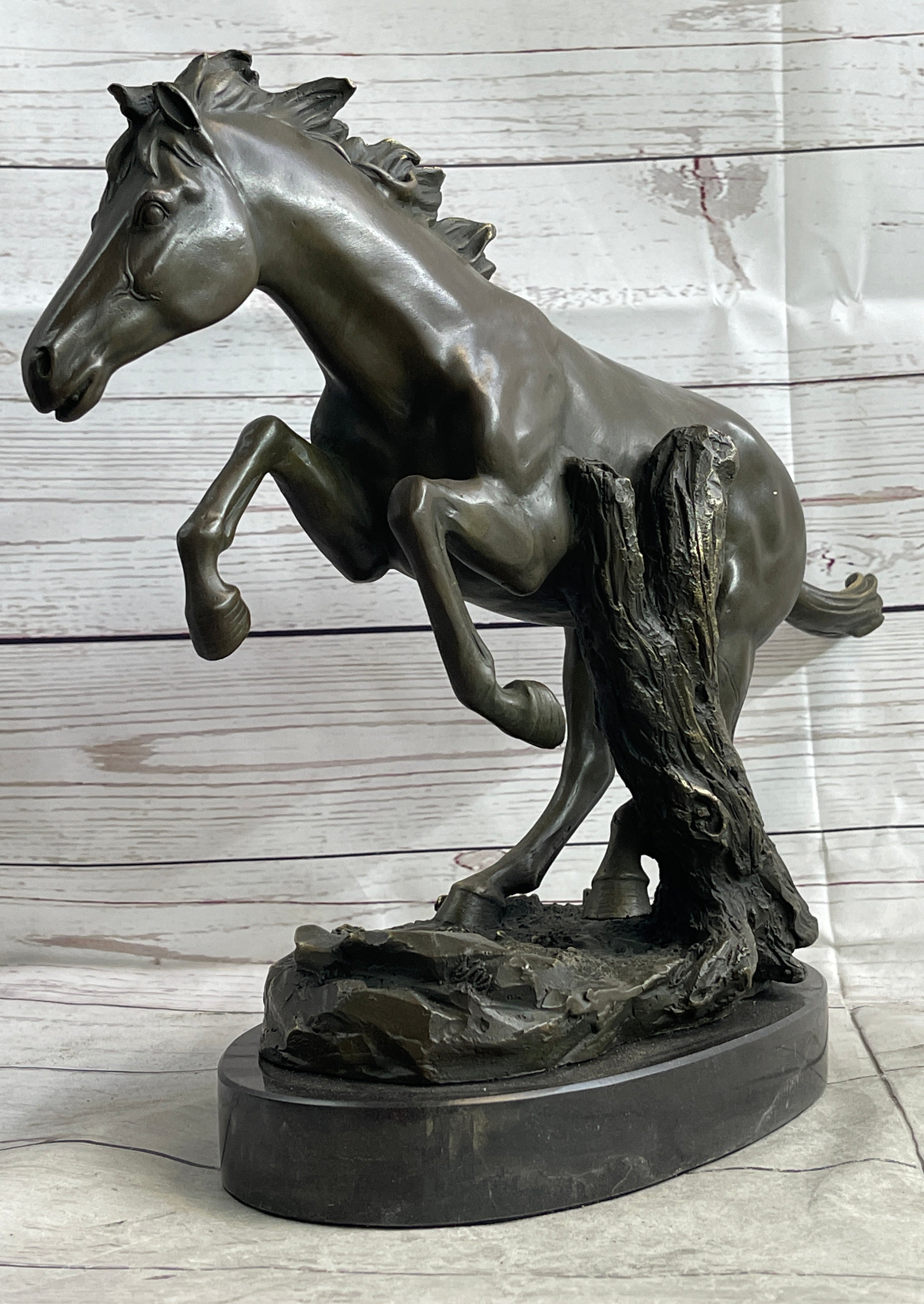 Running Galloping Wild Horse Mustang Bronze Sculpture Statue Figure Decor on Marble Base