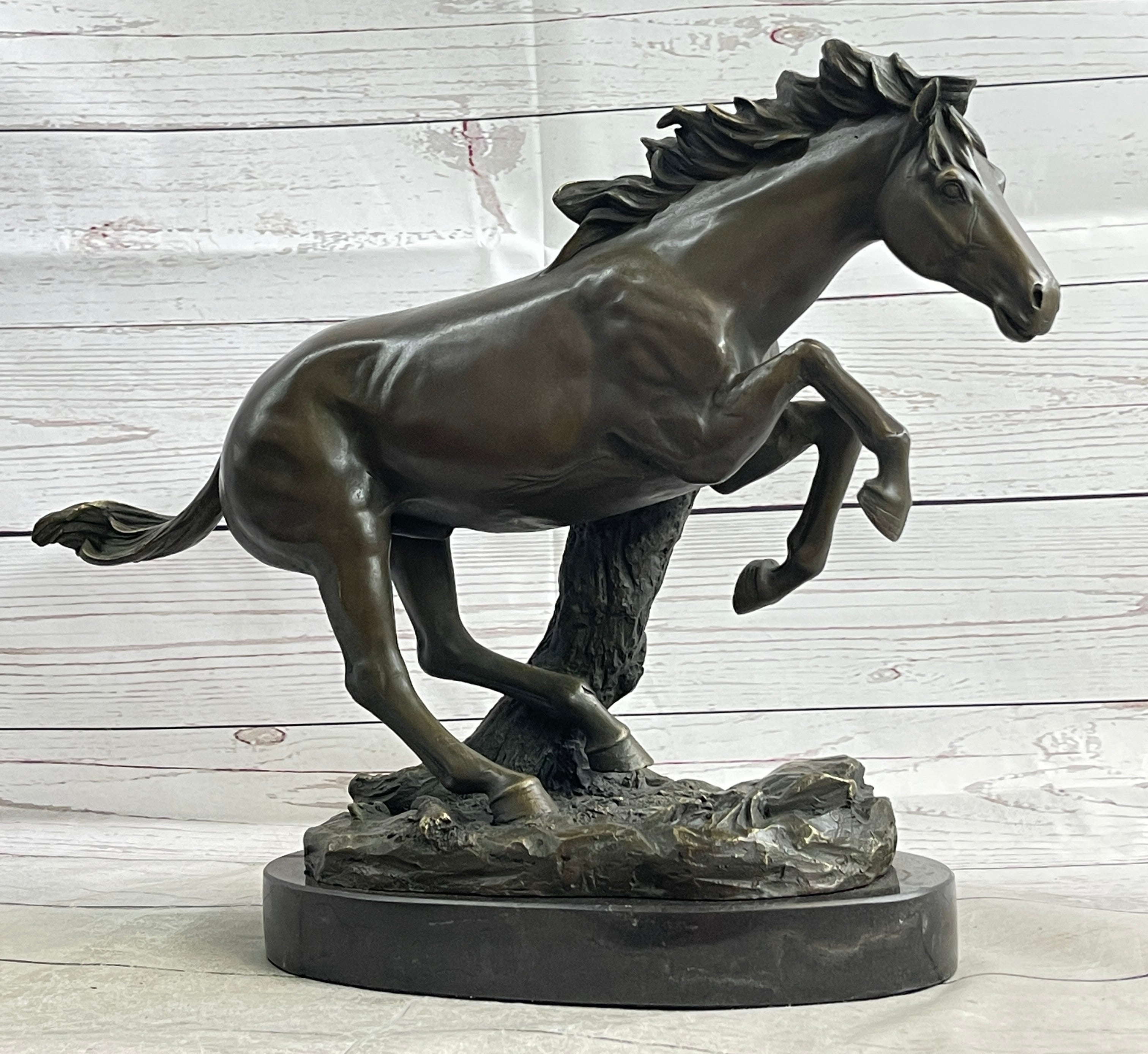 Running Galloping Wild Horse Mustang Bronze Sculpture Statue Figure Decor on Marble Base