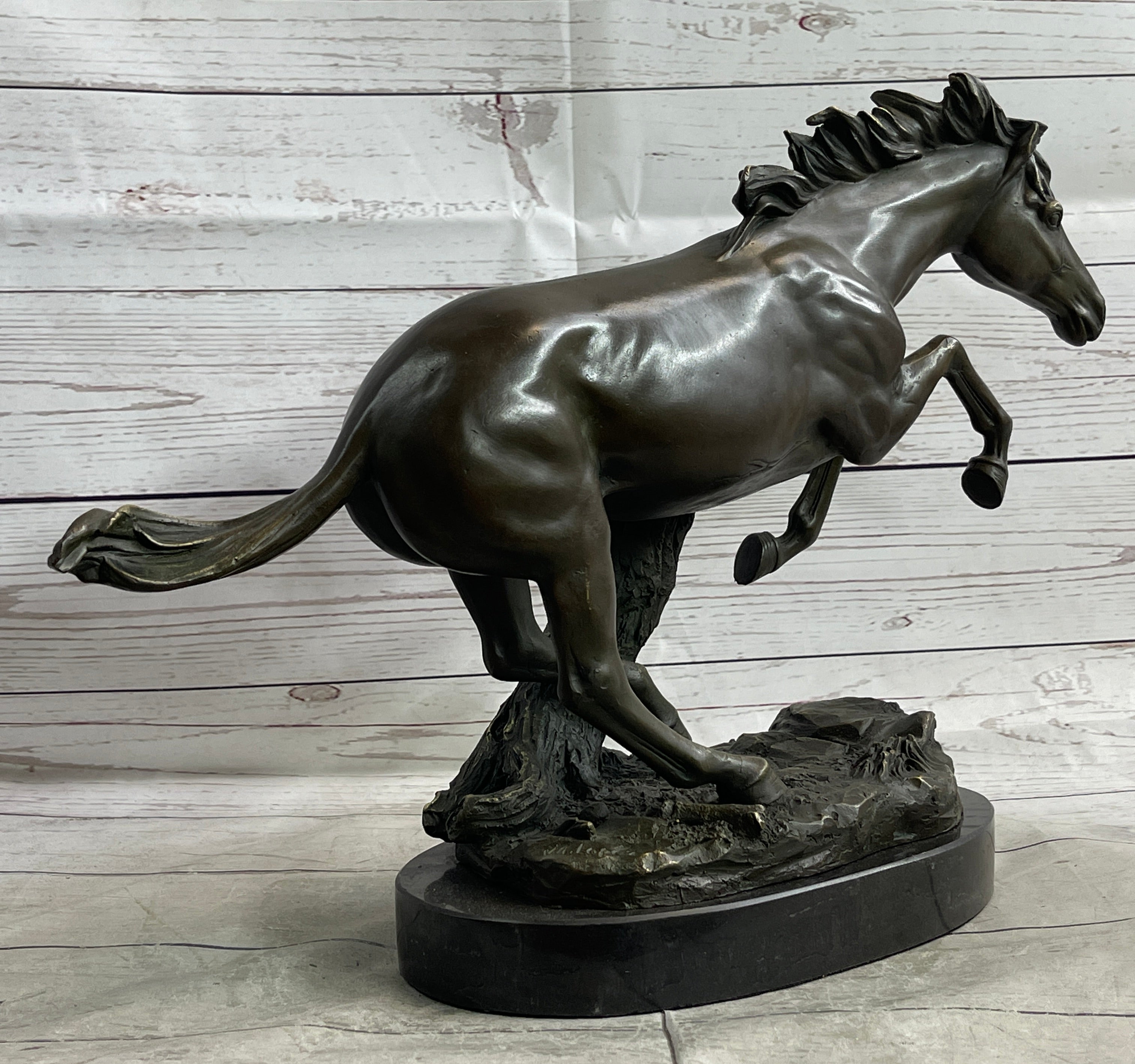 Running Galloping Wild Horse Mustang Bronze Sculpture Statue Figure Decor on Marble Base