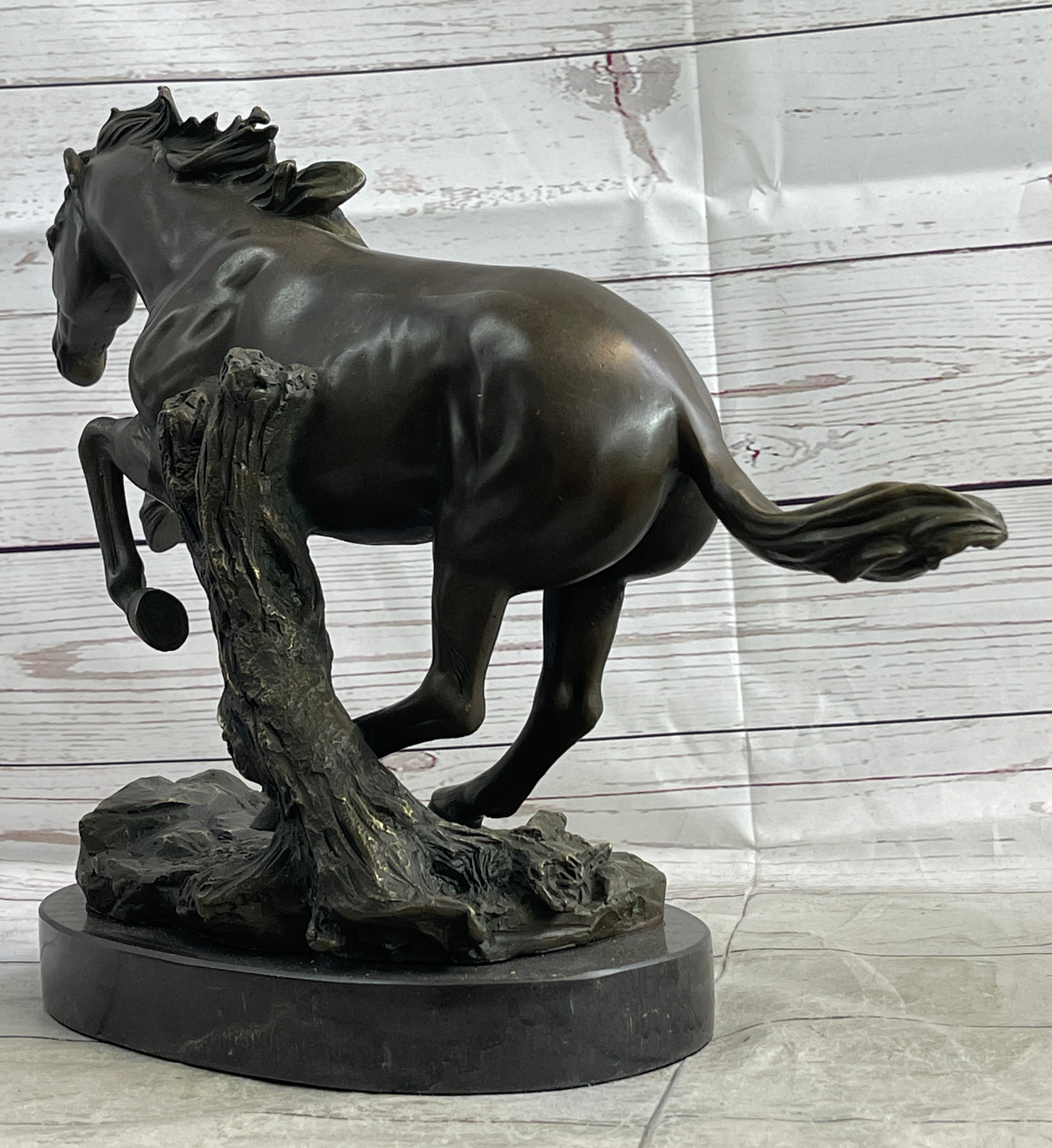 Running Galloping Wild Horse Mustang Bronze Sculpture Statue Figure Decor on Marble Base