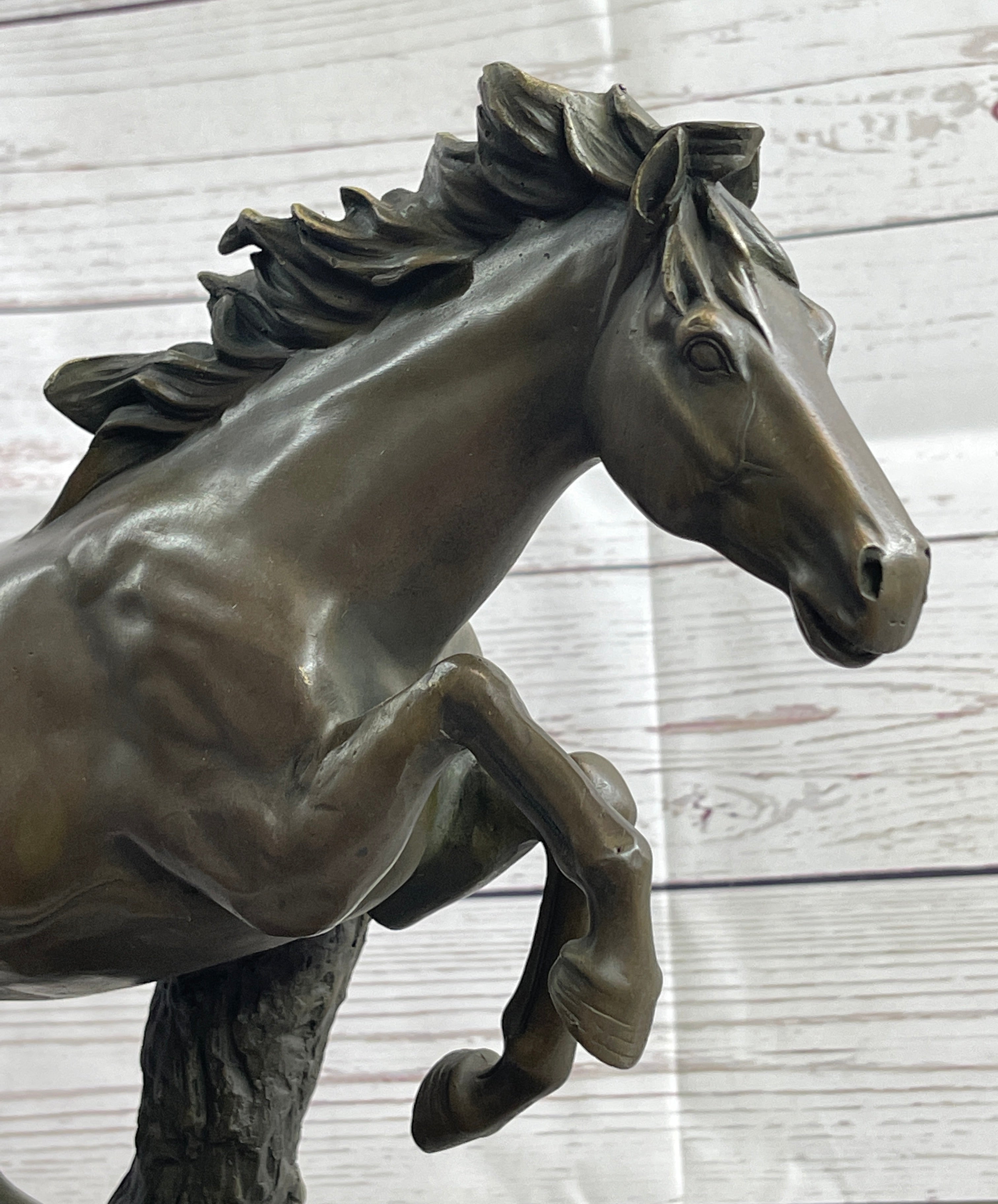 Running Galloping Wild Horse Mustang Bronze Sculpture Statue Figure Decor on Marble Base