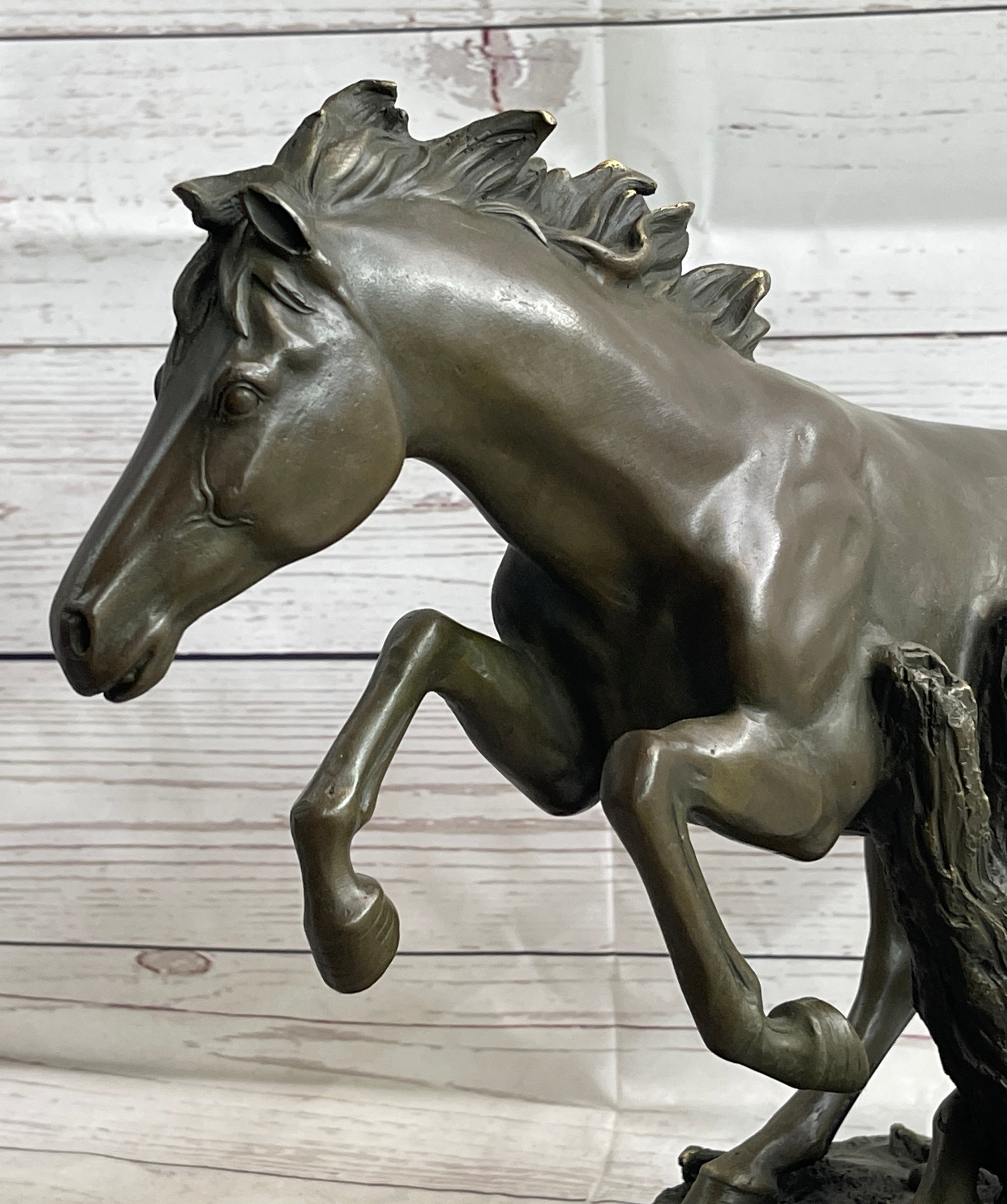 Running Galloping Wild Horse Mustang Bronze Sculpture Statue Figure Decor on Marble Base