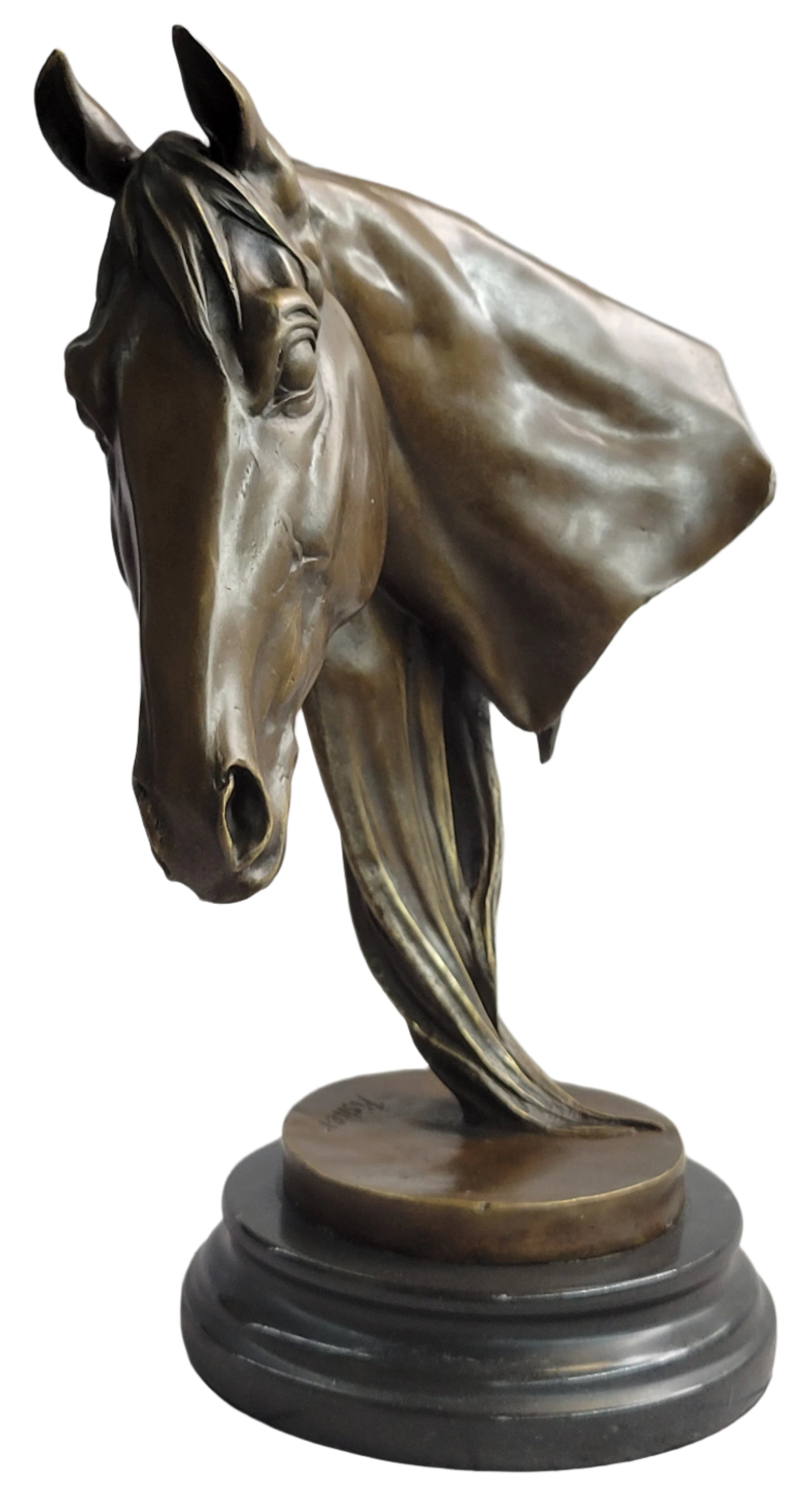 Horse Head Bust Equestrian Bronze Sculpture Statue Figure Decor on Marble Base Signed 13" x 9"