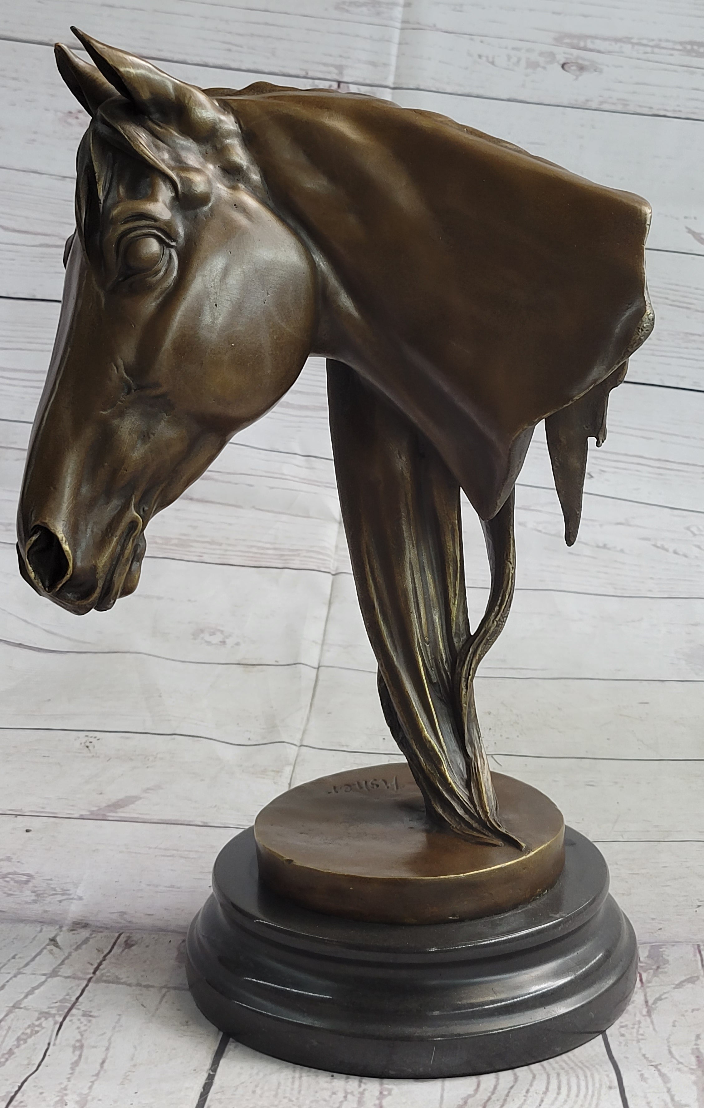 Horse Head Bust Equestrian Bronze Sculpture Statue Figure Decor on Marble Base Signed 13" x 9"