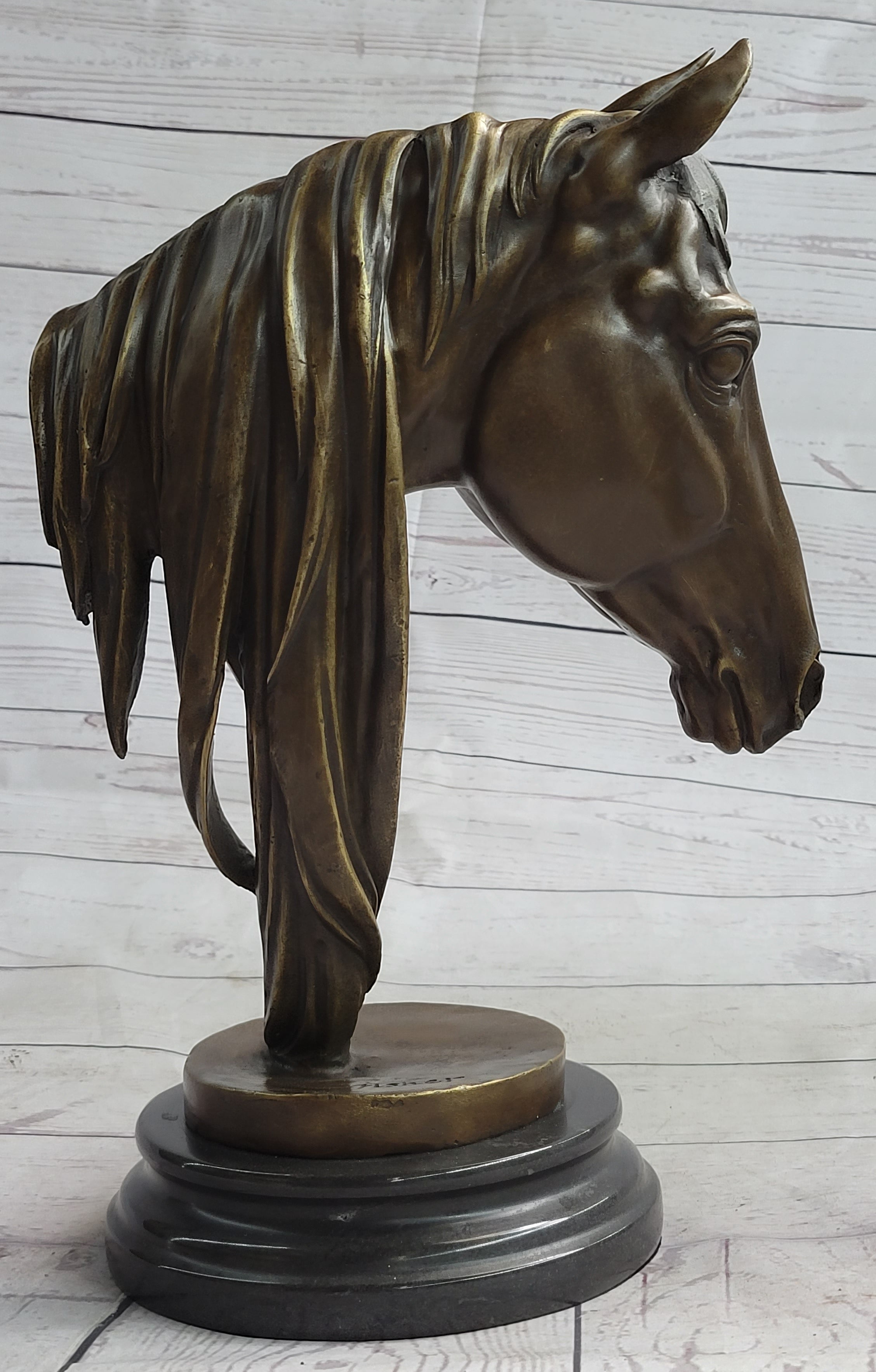 Horse Head Bust Equestrian Bronze Sculpture Statue Figure Decor on Marble Base Signed 13" x 9"