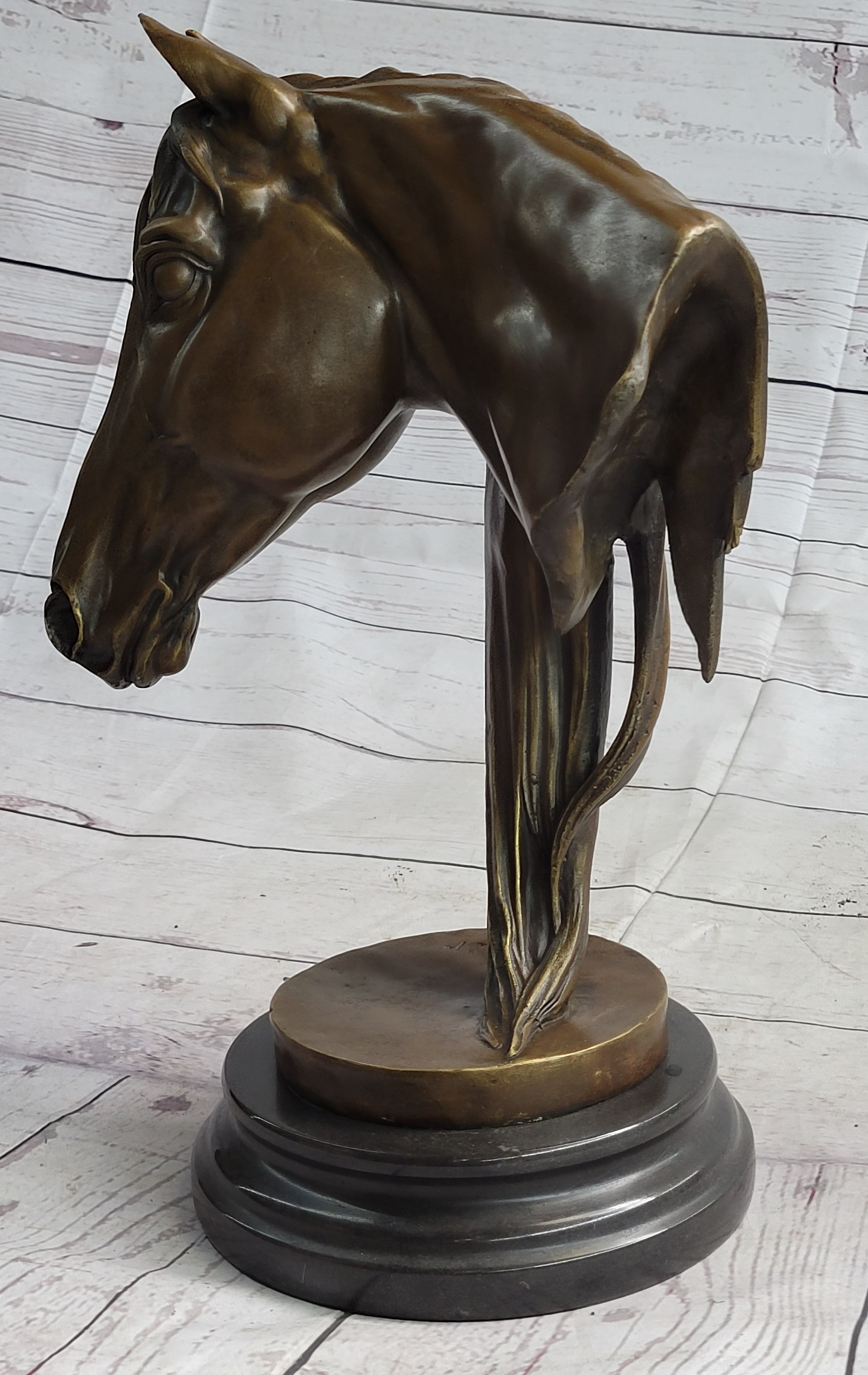 Horse Head Bust Equestrian Bronze Sculpture Statue Figure Decor on Marble Base Signed 13" x 9"