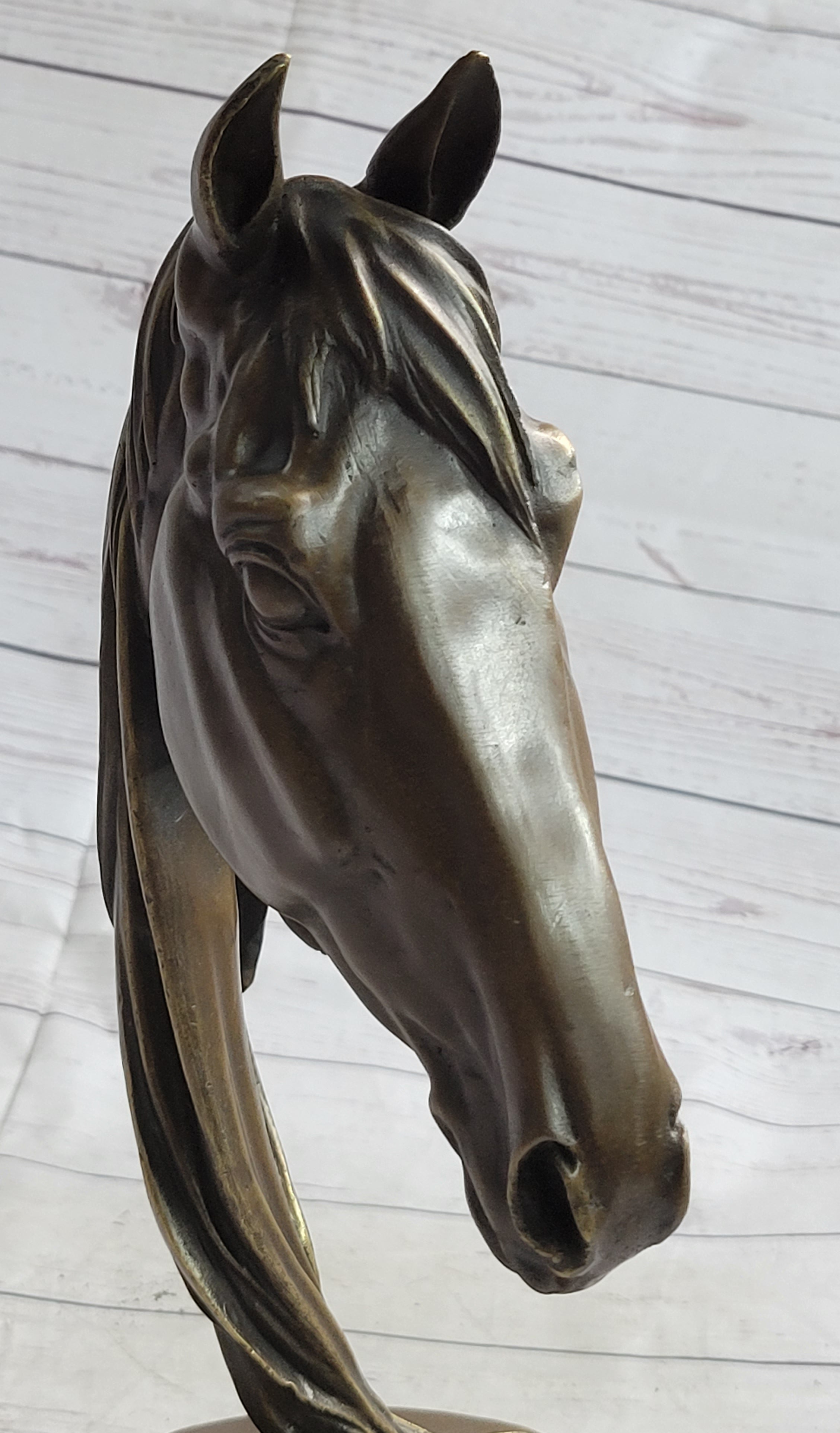 Horse Head Bust Equestrian Bronze Sculpture Statue Figure Decor on Marble Base Signed 13" x 9"