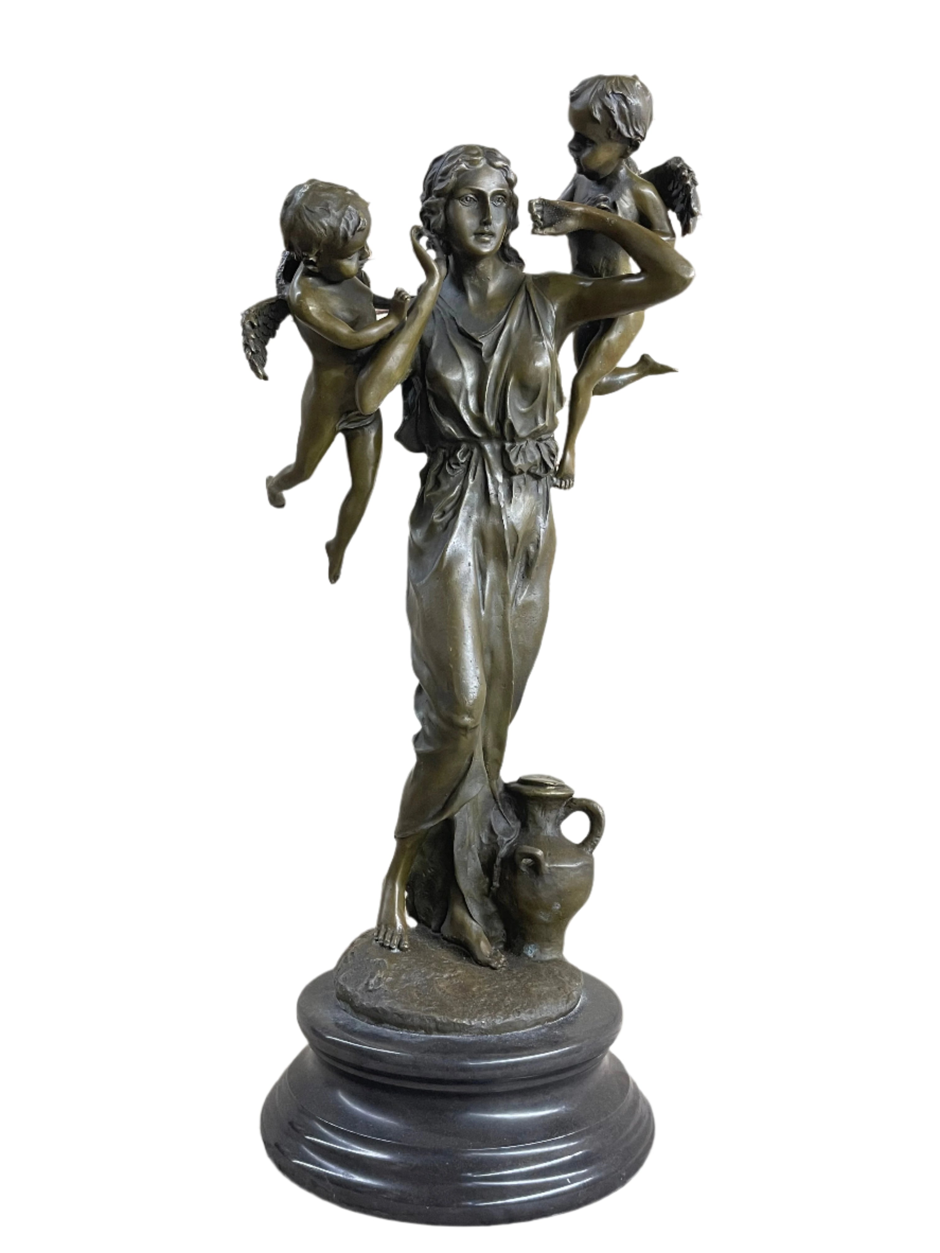 Signed Moreau Young Lady With Two Angels Bronze Sculpture Statue Figurine Decor