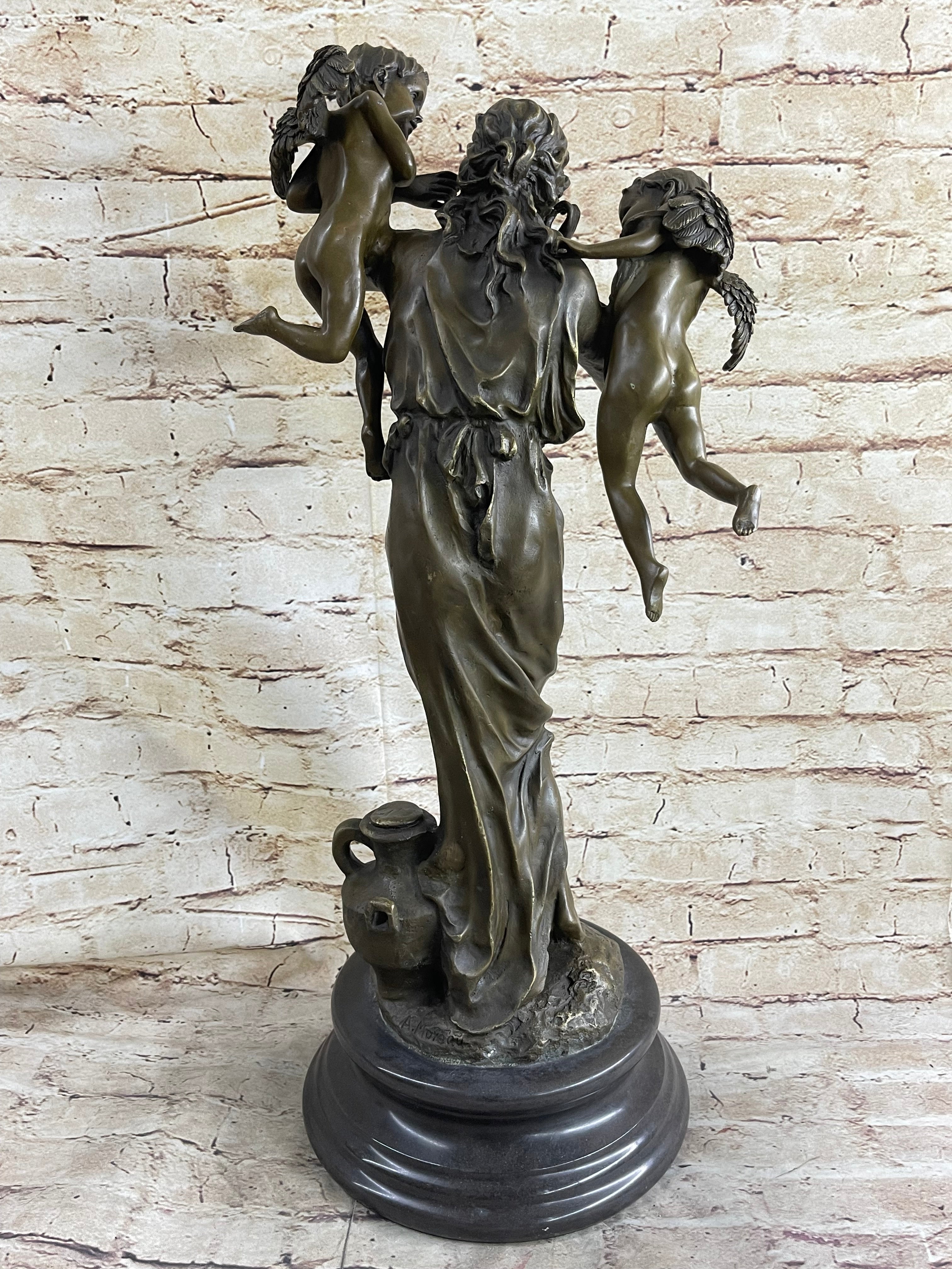 Signed Moreau Young Lady With Two Angels Bronze Sculpture Statue Figurine Decor