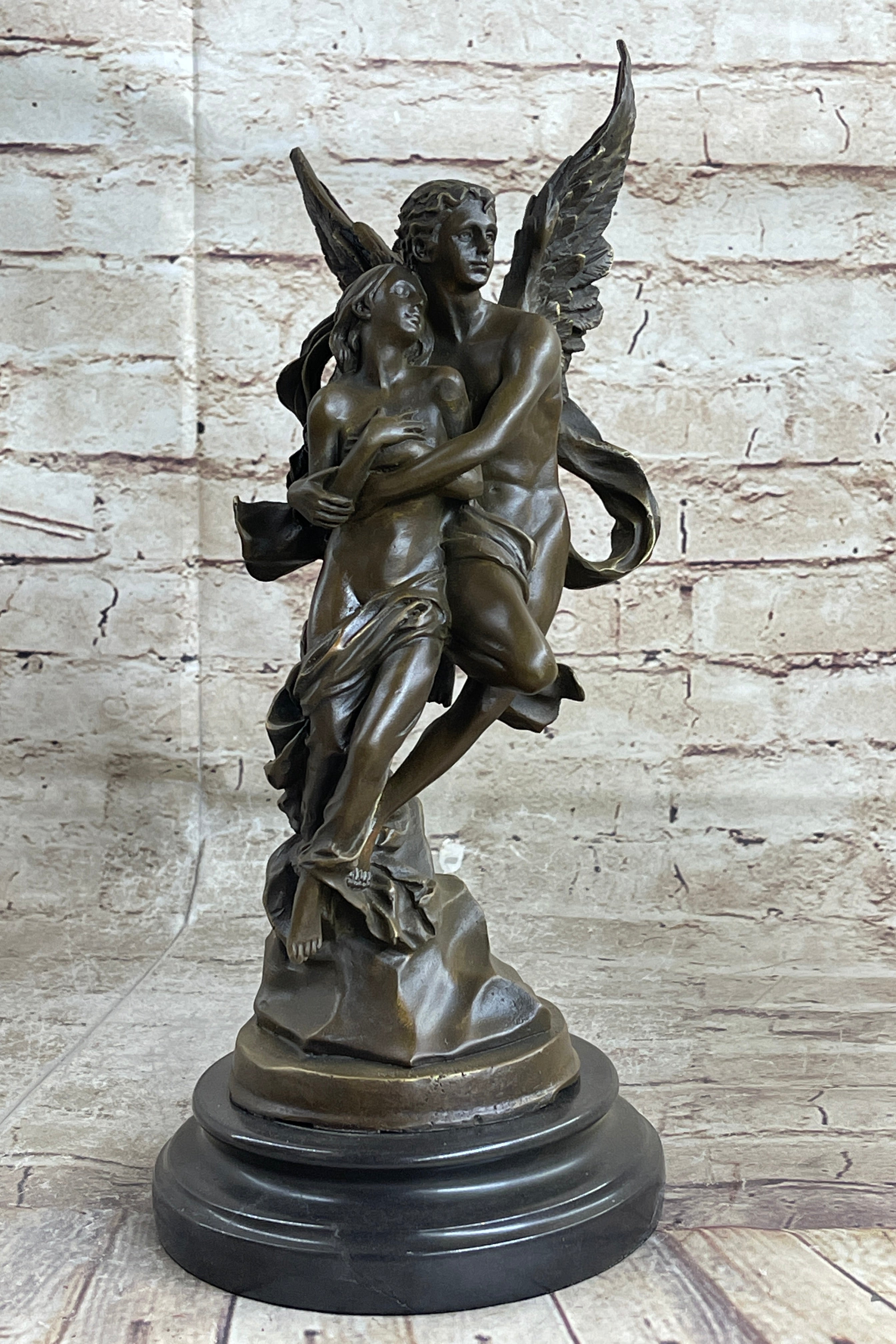 Signed Jean Debut Sculpture of a Romantic Couple Angel Bronze Statue 13" x 6"