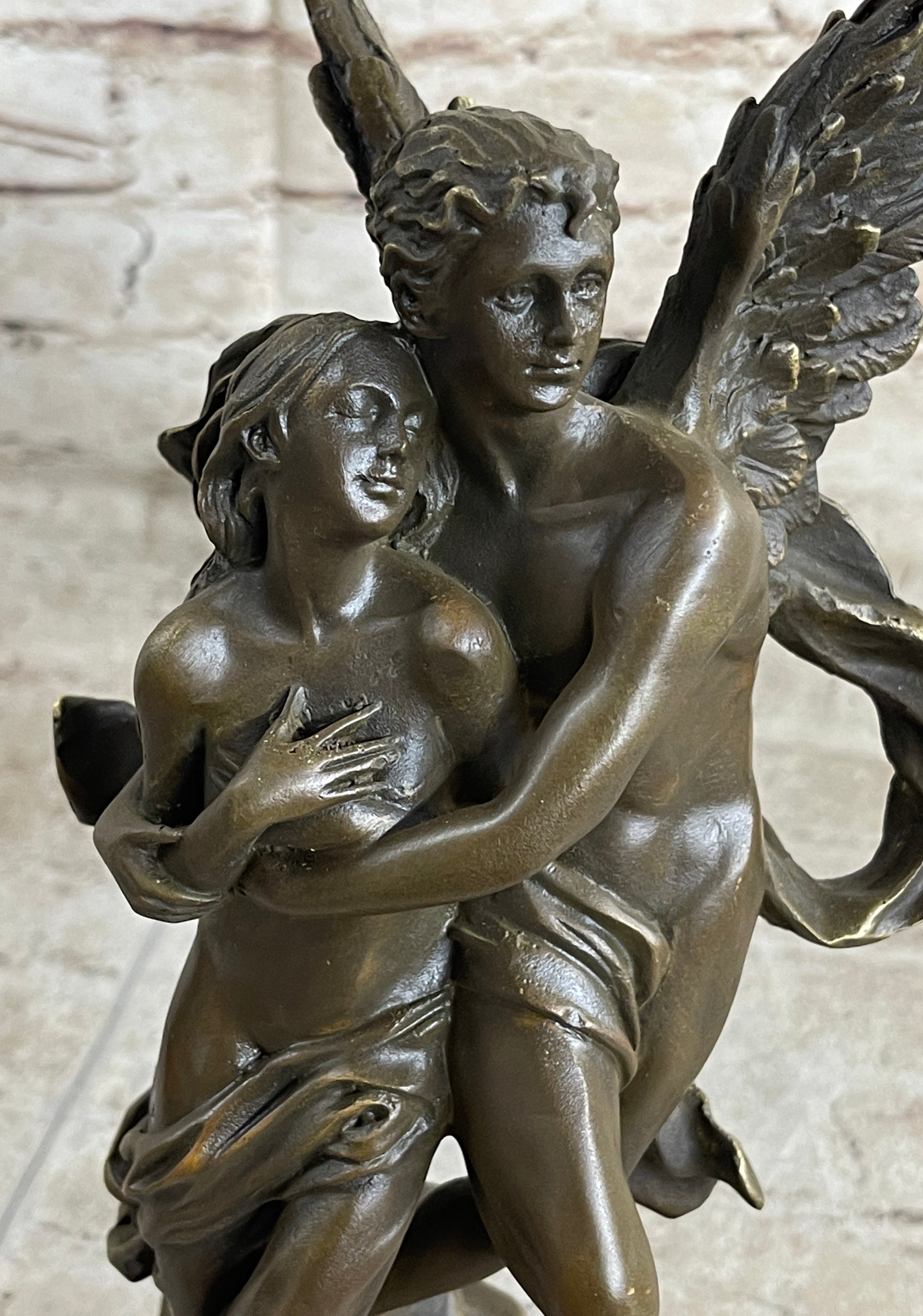 Signed Jean Debut Sculpture of a Romantic Couple Angel Bronze Statue 13" x 6"