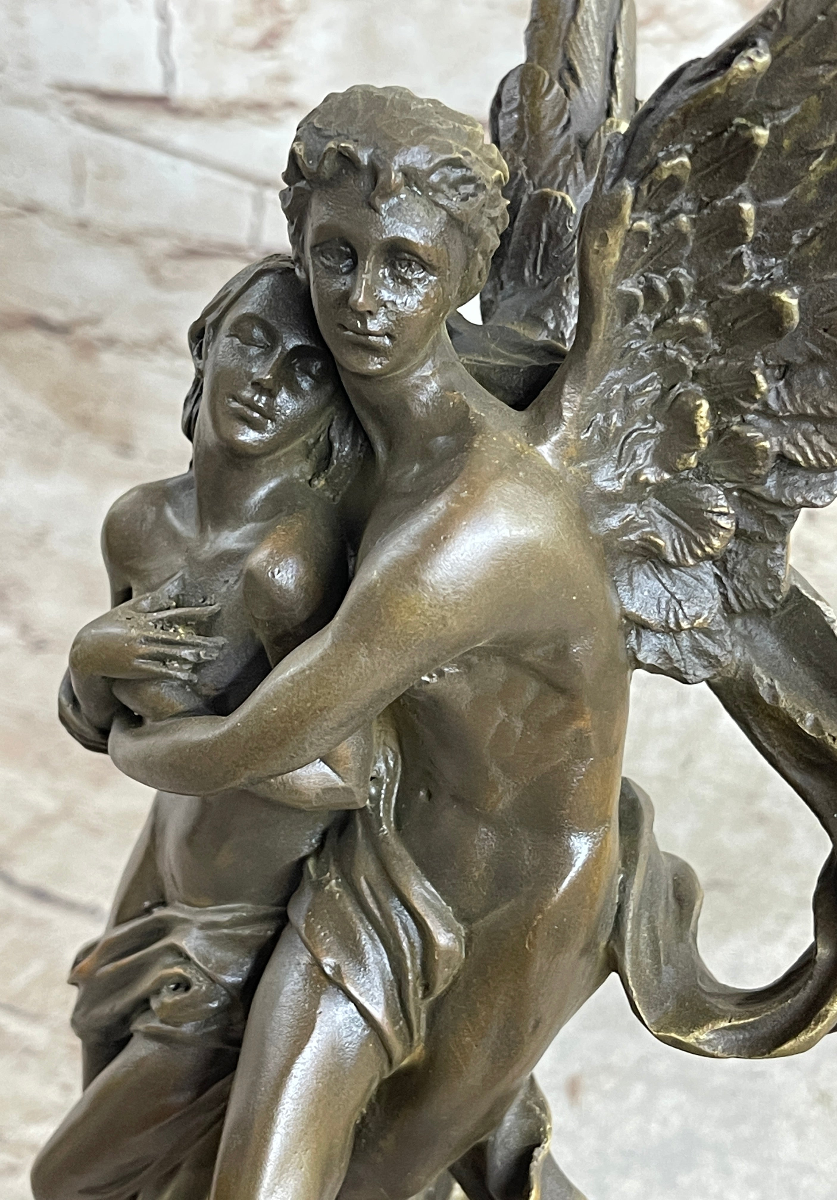 Signed Jean Debut Sculpture of a Romantic Couple Angel Bronze Statue 13" x 6"