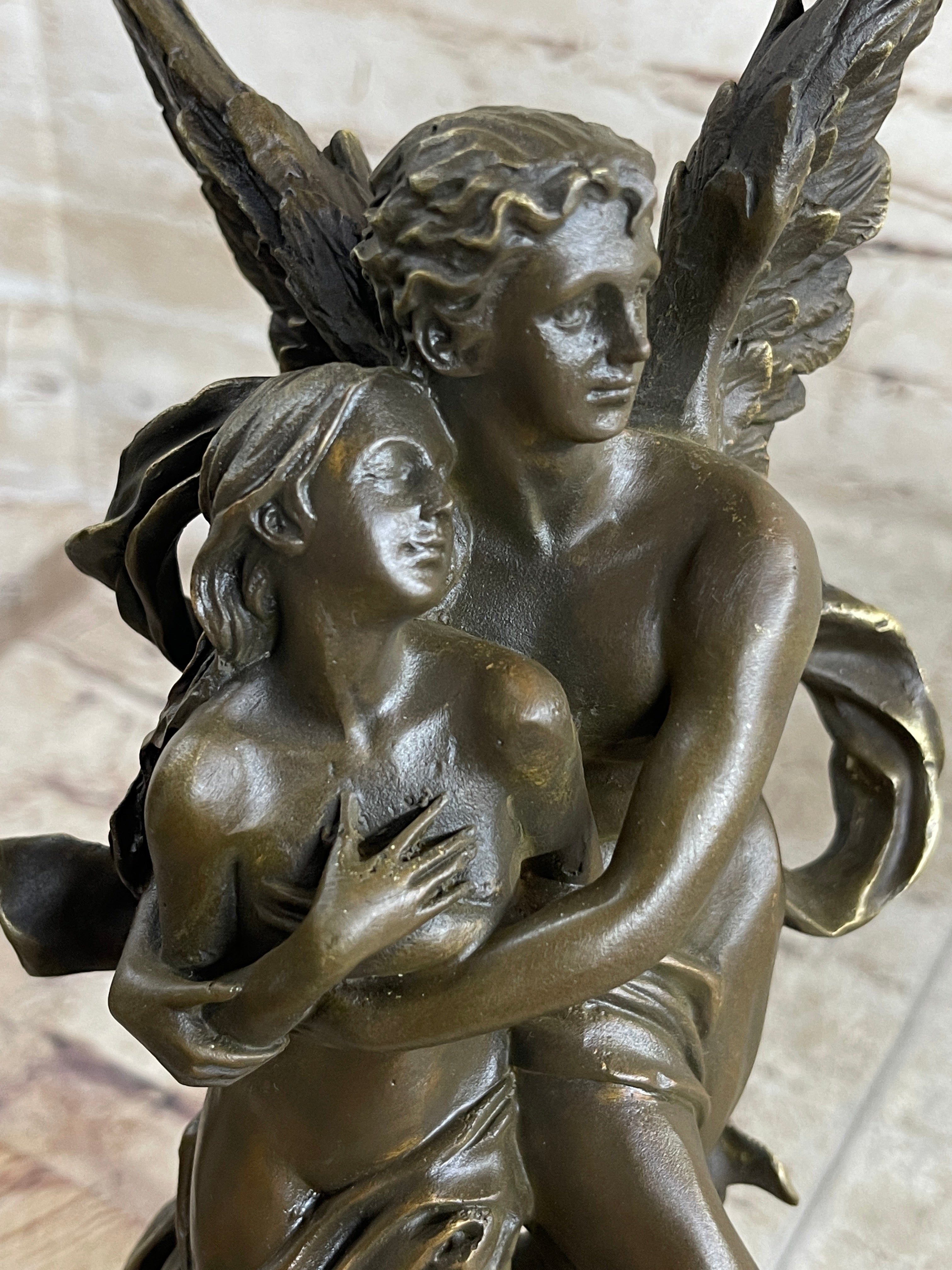 Signed Jean Debut Sculpture of a Romantic Couple Angel Bronze Statue 13" x 6"