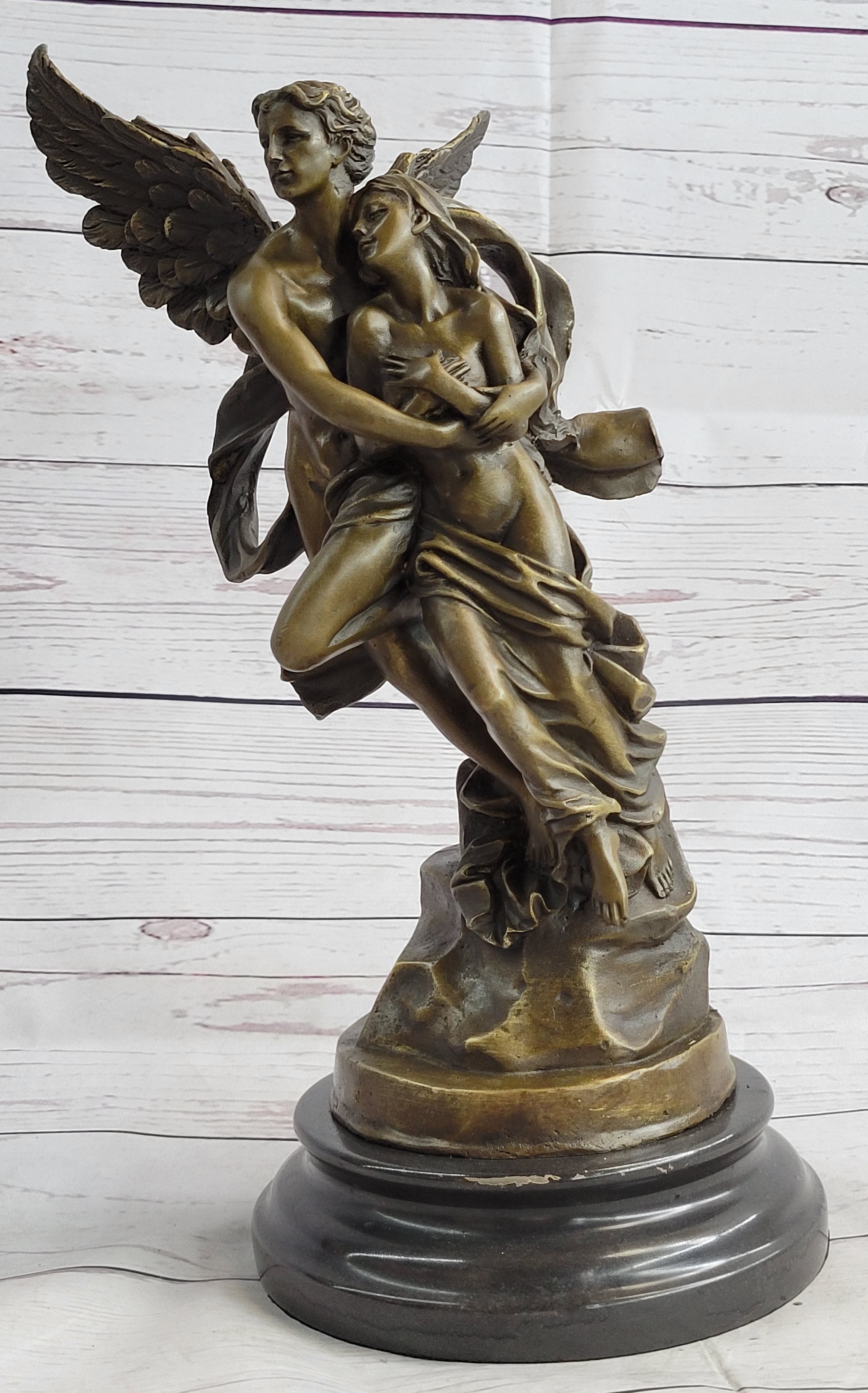 Eros & Psyche Romantic Lovers Angel Bronze Statue Sculpture Figure on Marble Base 13" x 6"