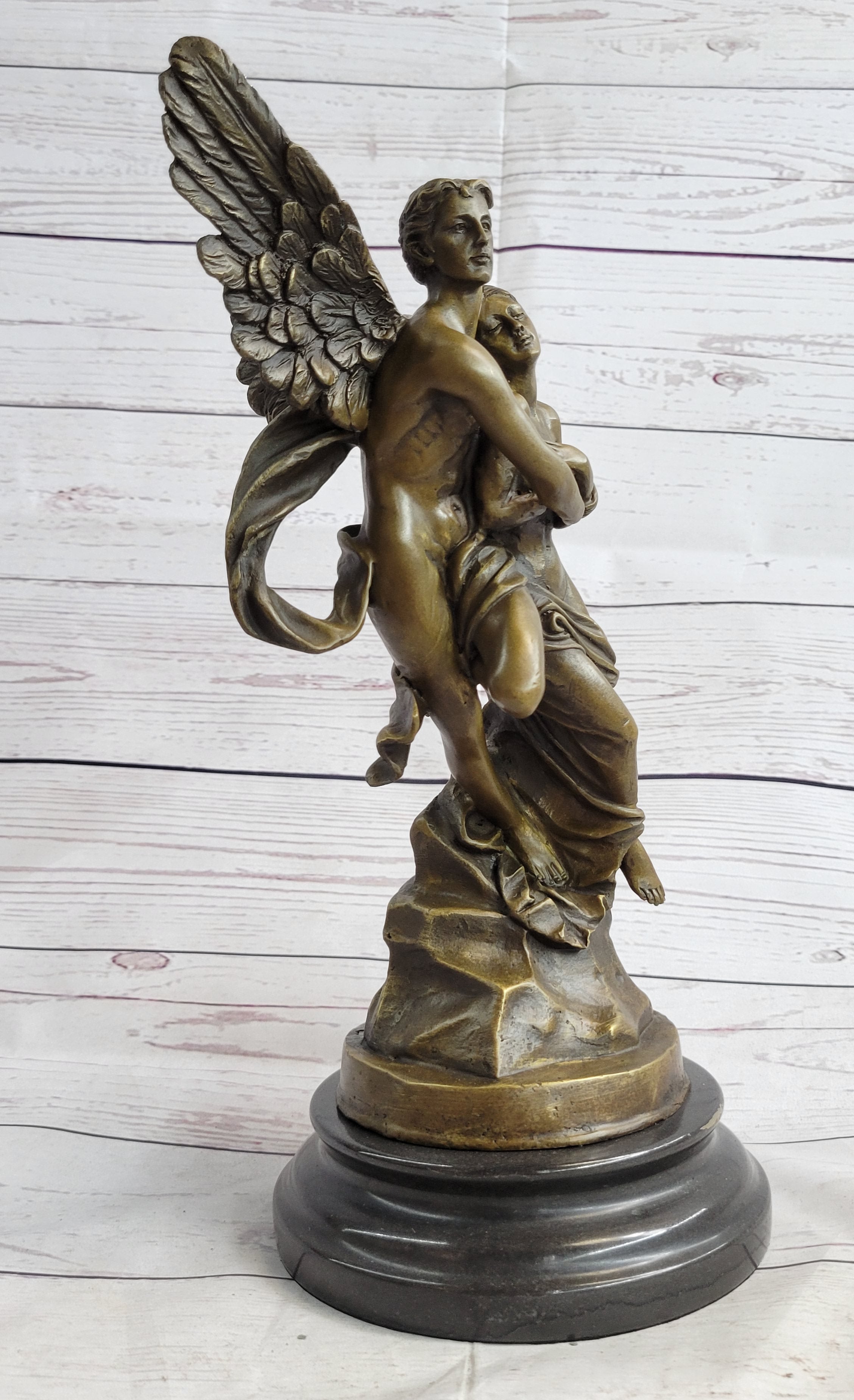 Eros & Psyche Romantic Lovers Angel Bronze Statue Sculpture Figure on Marble Base 13" x 6"