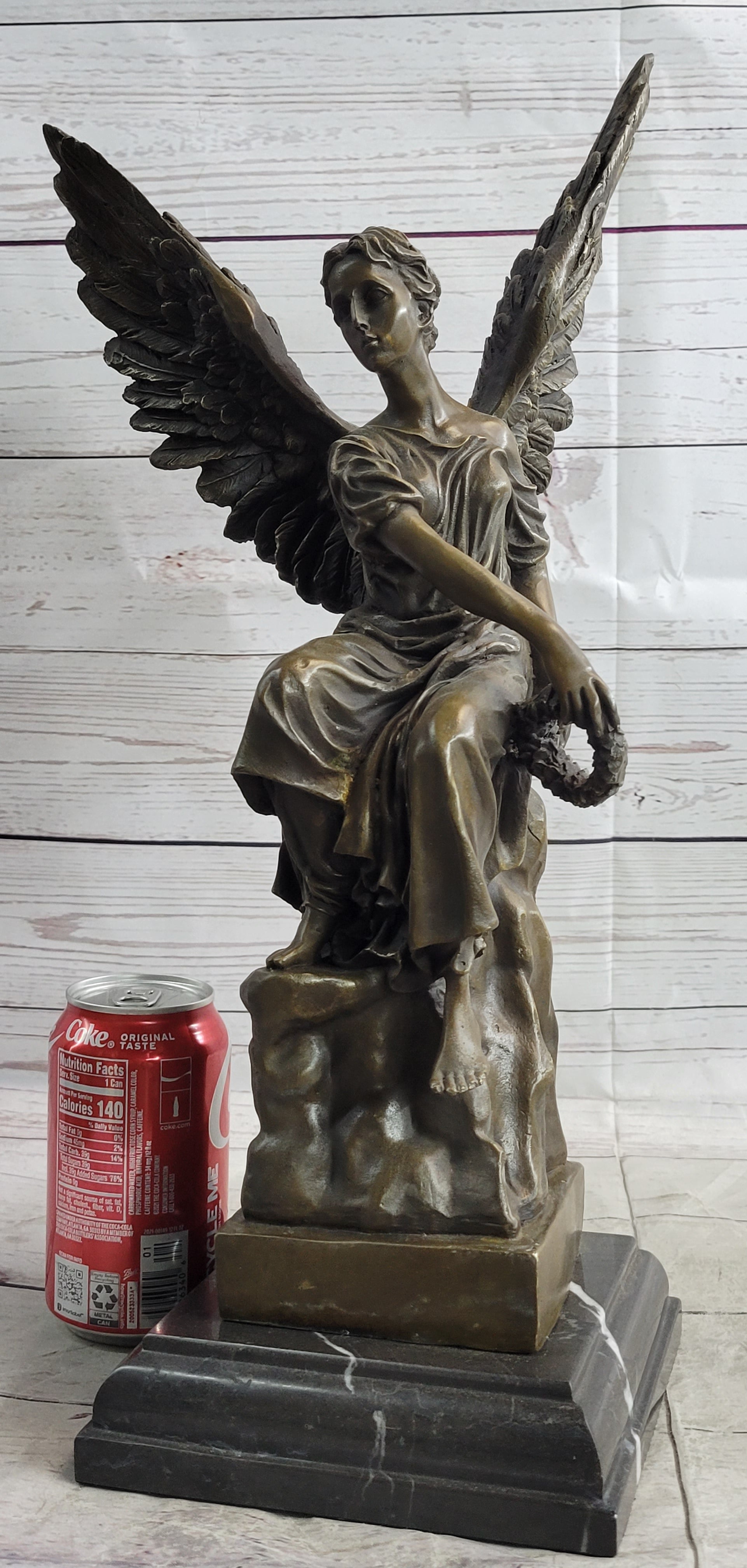 Bronze Statue of Seated Angel Holding Wreath Sculpture on Marble Base 17" x 9"