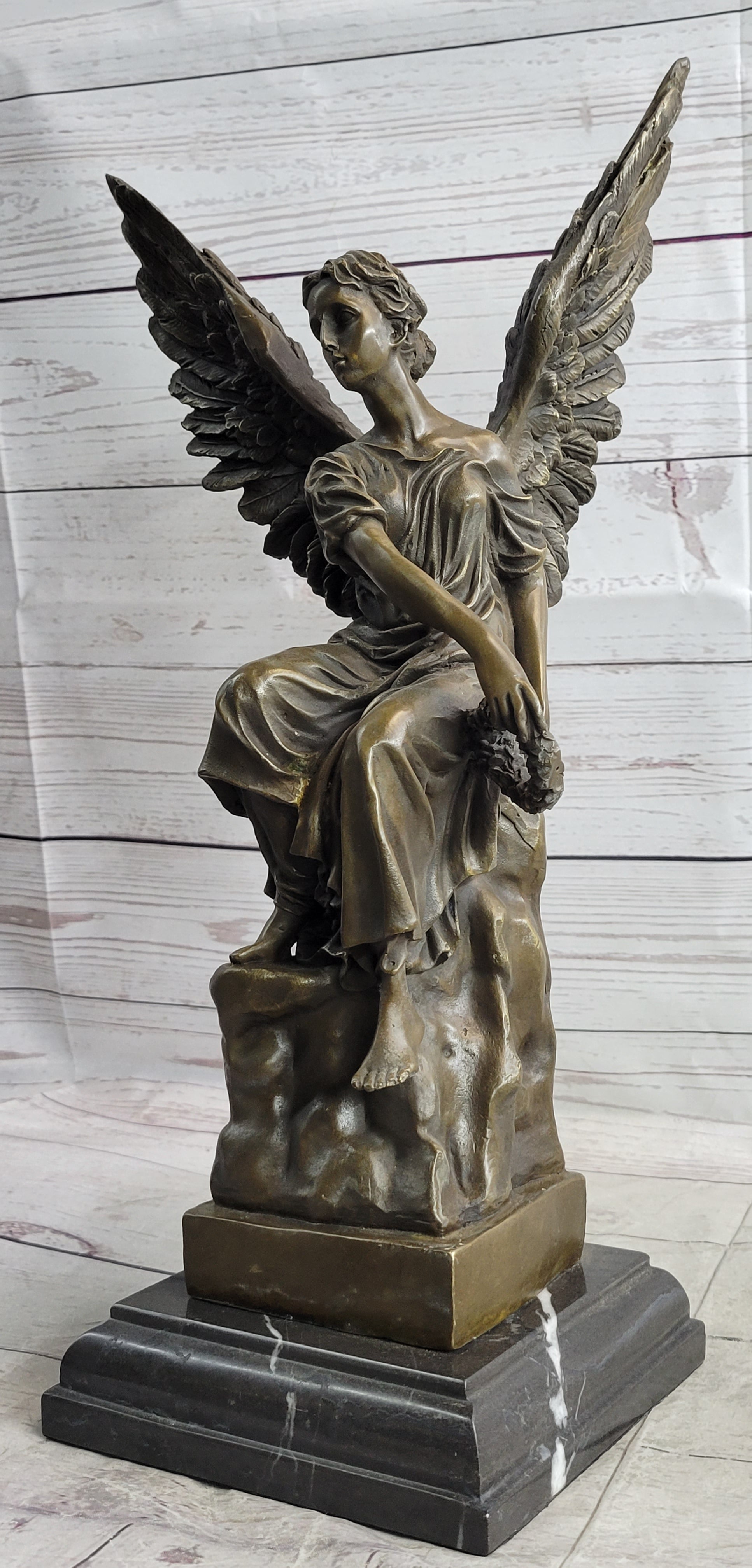 Bronze Statue of Seated Angel Holding Wreath Sculpture on Marble Base 17" x 9"