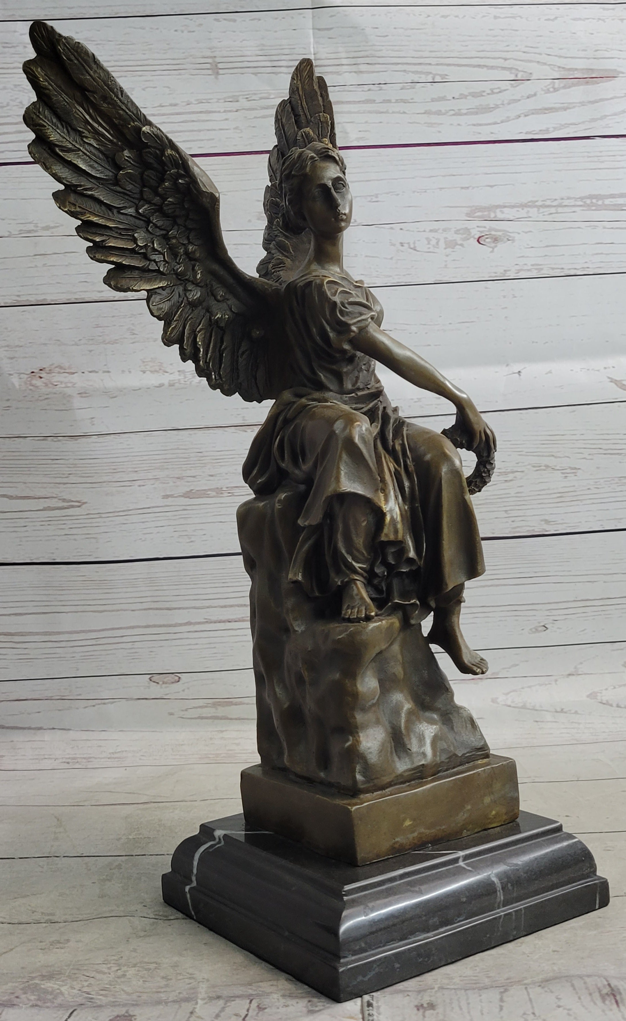 Bronze Statue of Seated Angel Holding Wreath Sculpture on Marble Base 17" x 9"