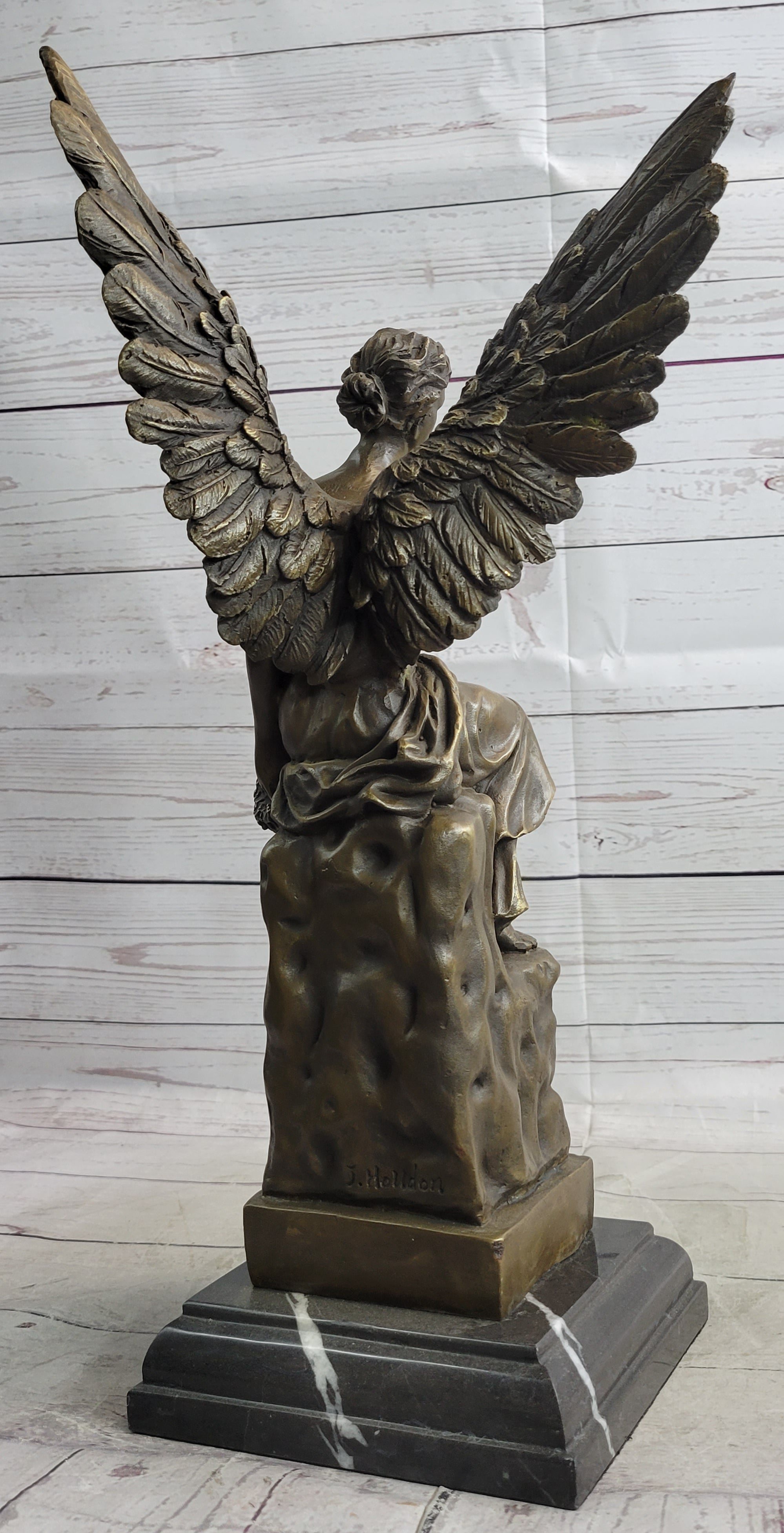 Bronze Statue of Seated Angel Holding Wreath Sculpture on Marble Base 17" x 9"