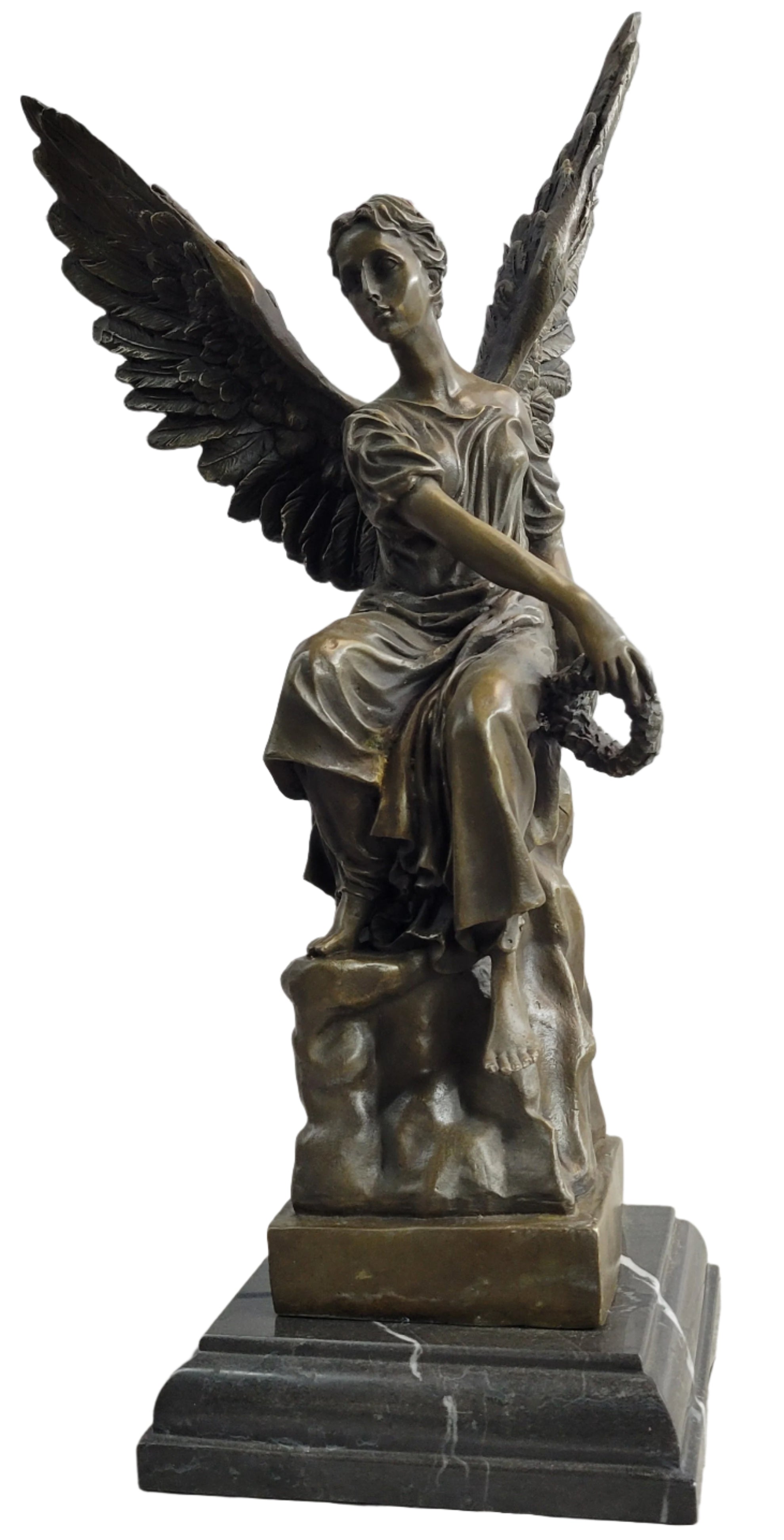 Bronze Statue of Seated Angel Holding Wreath Sculpture on Marble Base 17" x 9"