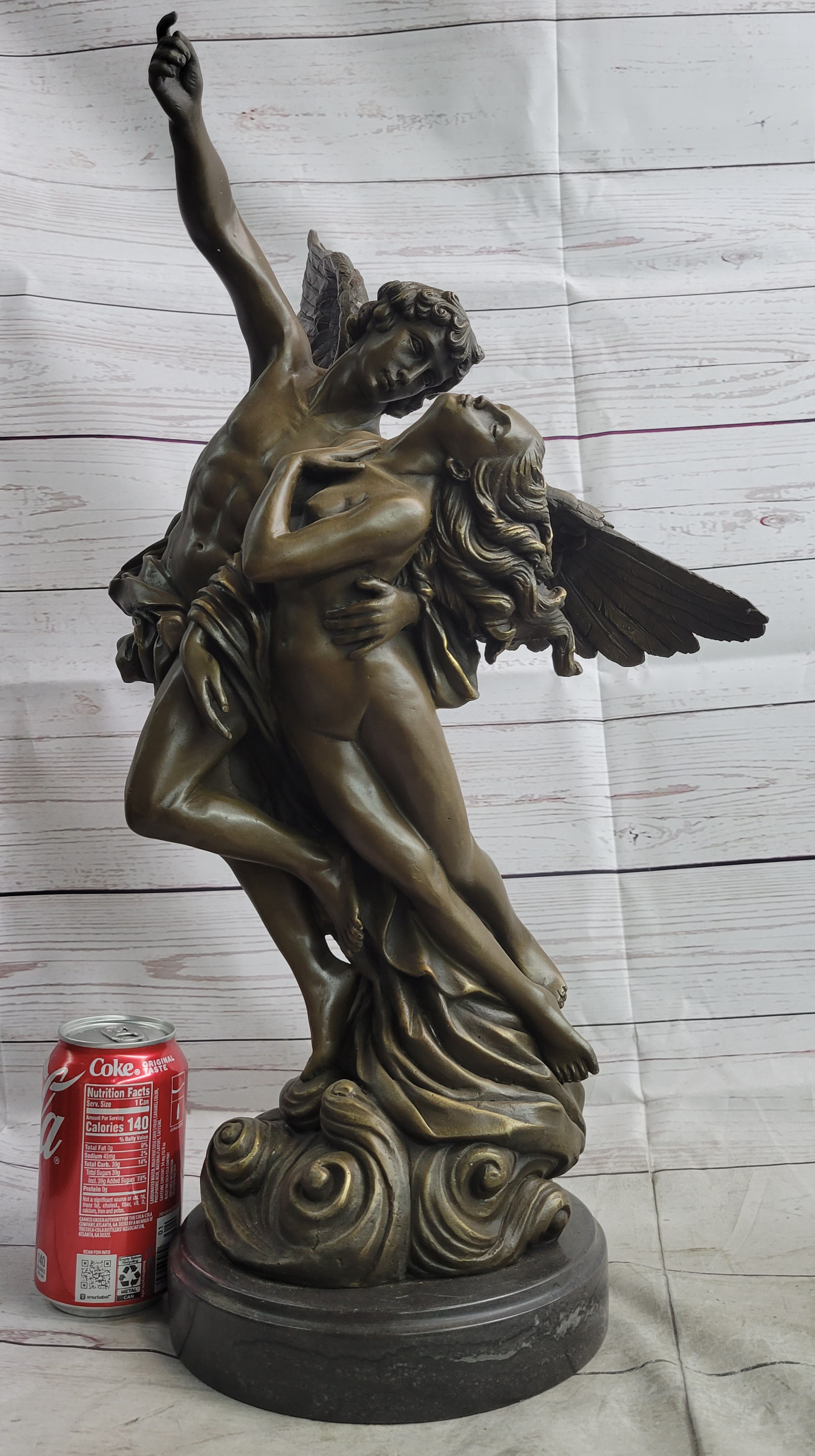 Male Angel Taking Nude Woman Romantic Bronze Sculpture Statue Figure on Marble Base