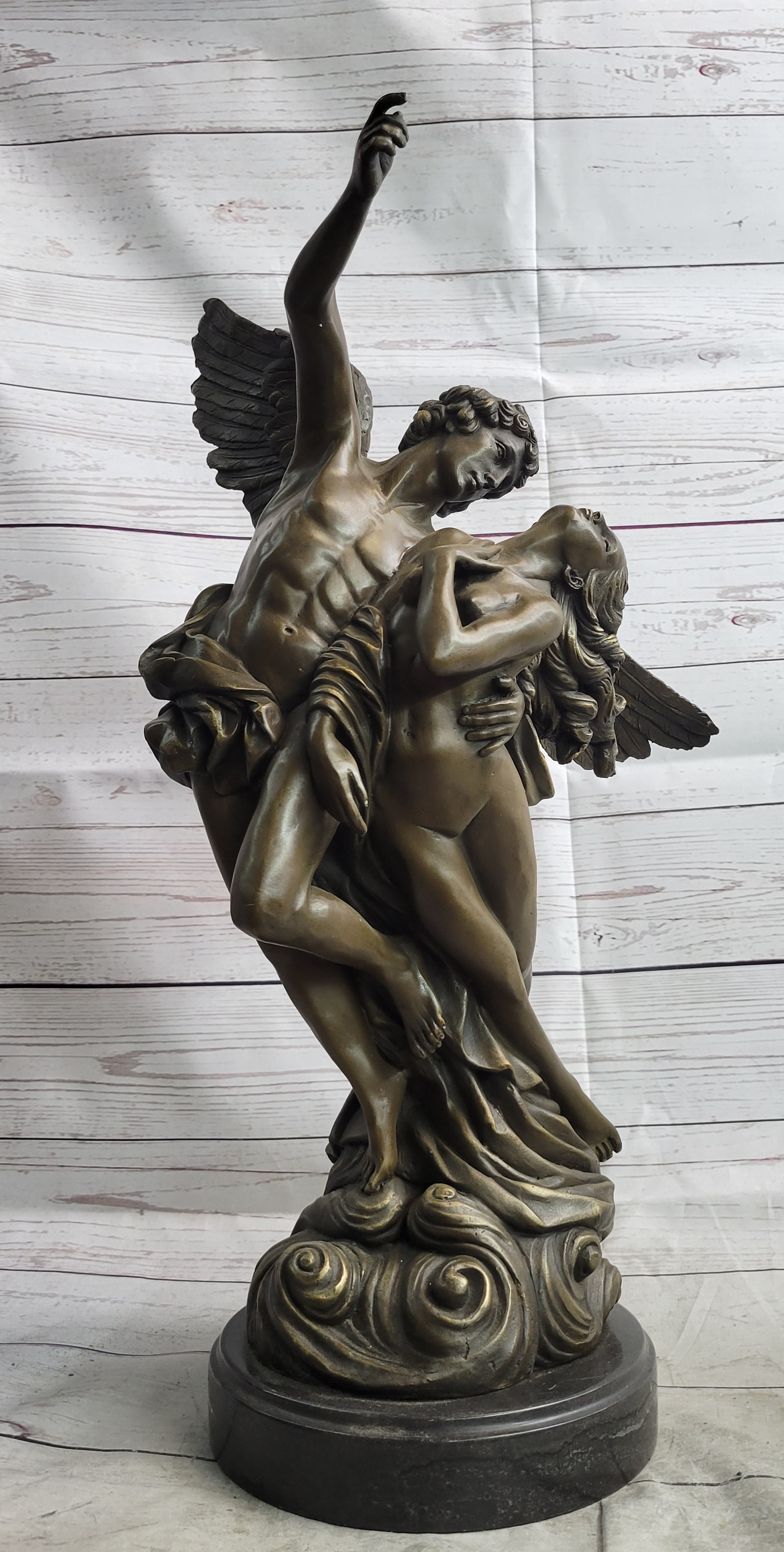 Male Angel Taking Nude Woman Romantic Bronze Sculpture Statue Figure on Marble Base