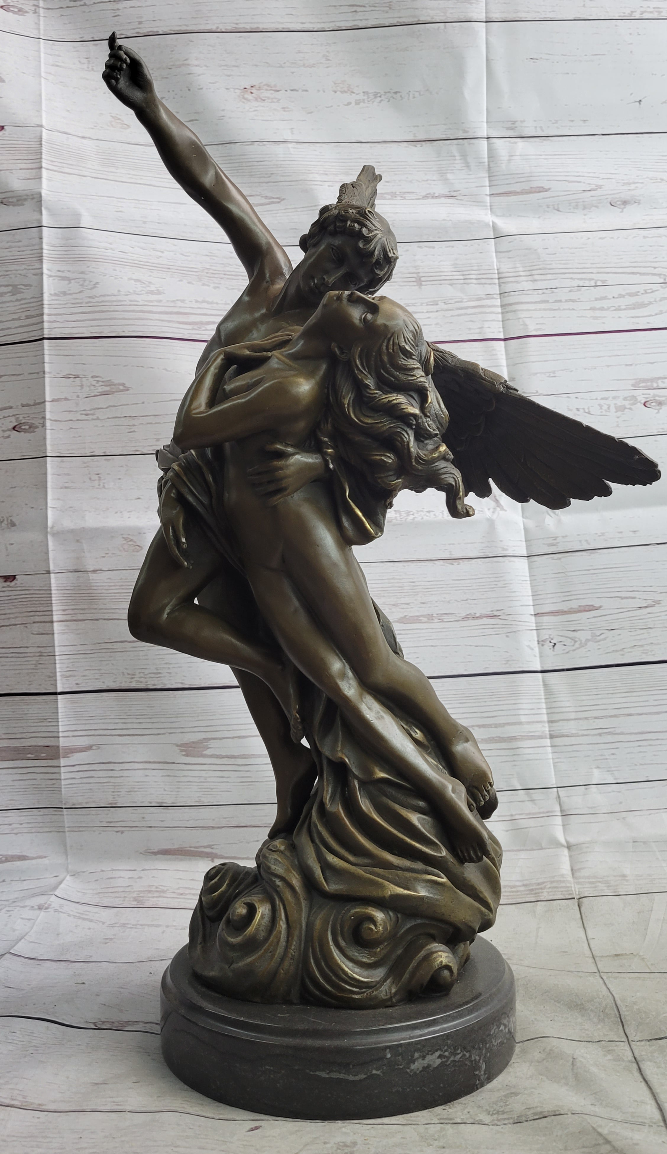 Male Angel Taking Nude Woman Romantic Bronze Sculpture Statue Figure on Marble Base