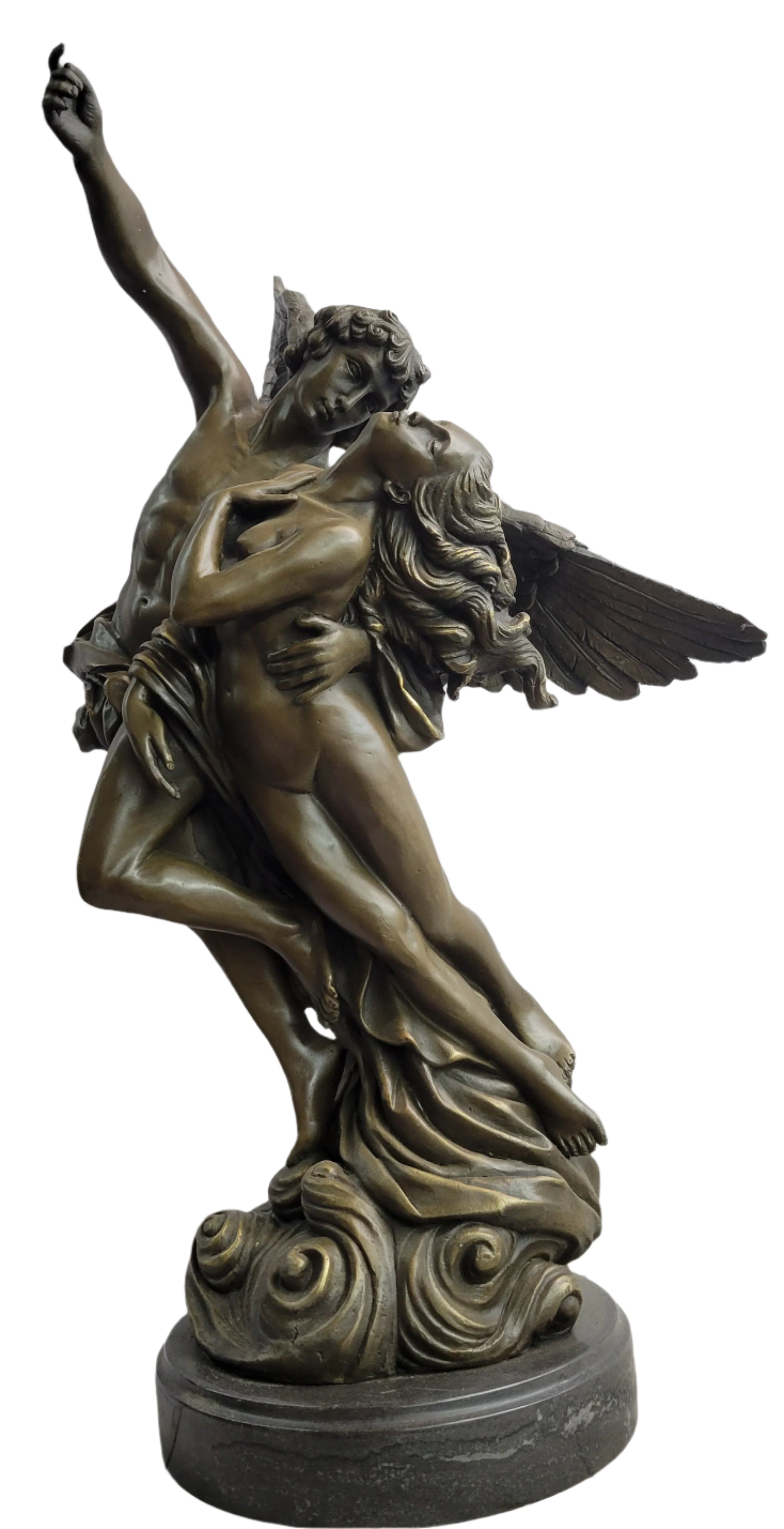 Male Angel Taking Nude Woman Romantic Bronze Sculpture Statue Figure on Marble Base