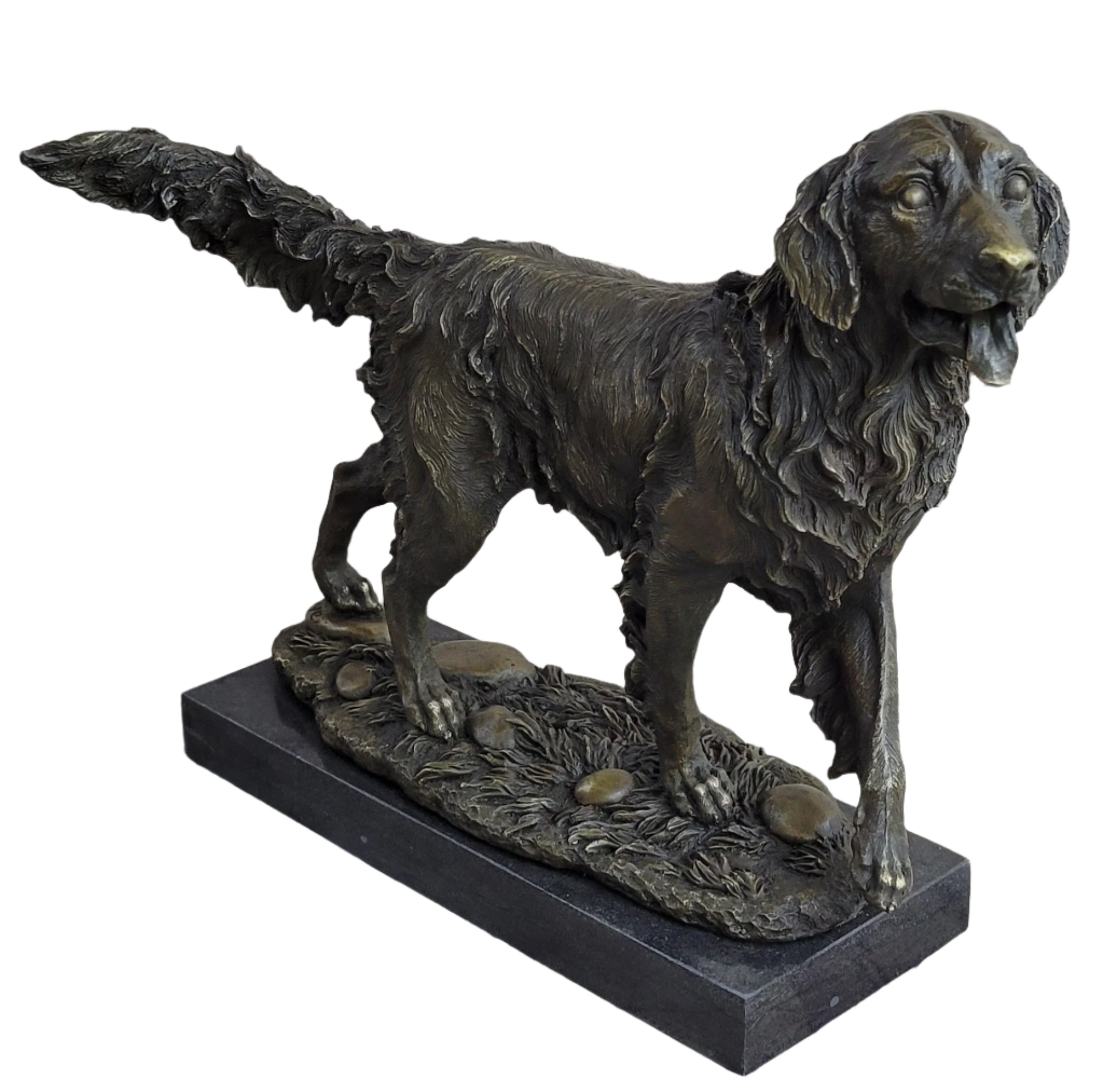 Golden Retriever Dog Bronze Statue Sculpture Figure on Marble Base Signed Art