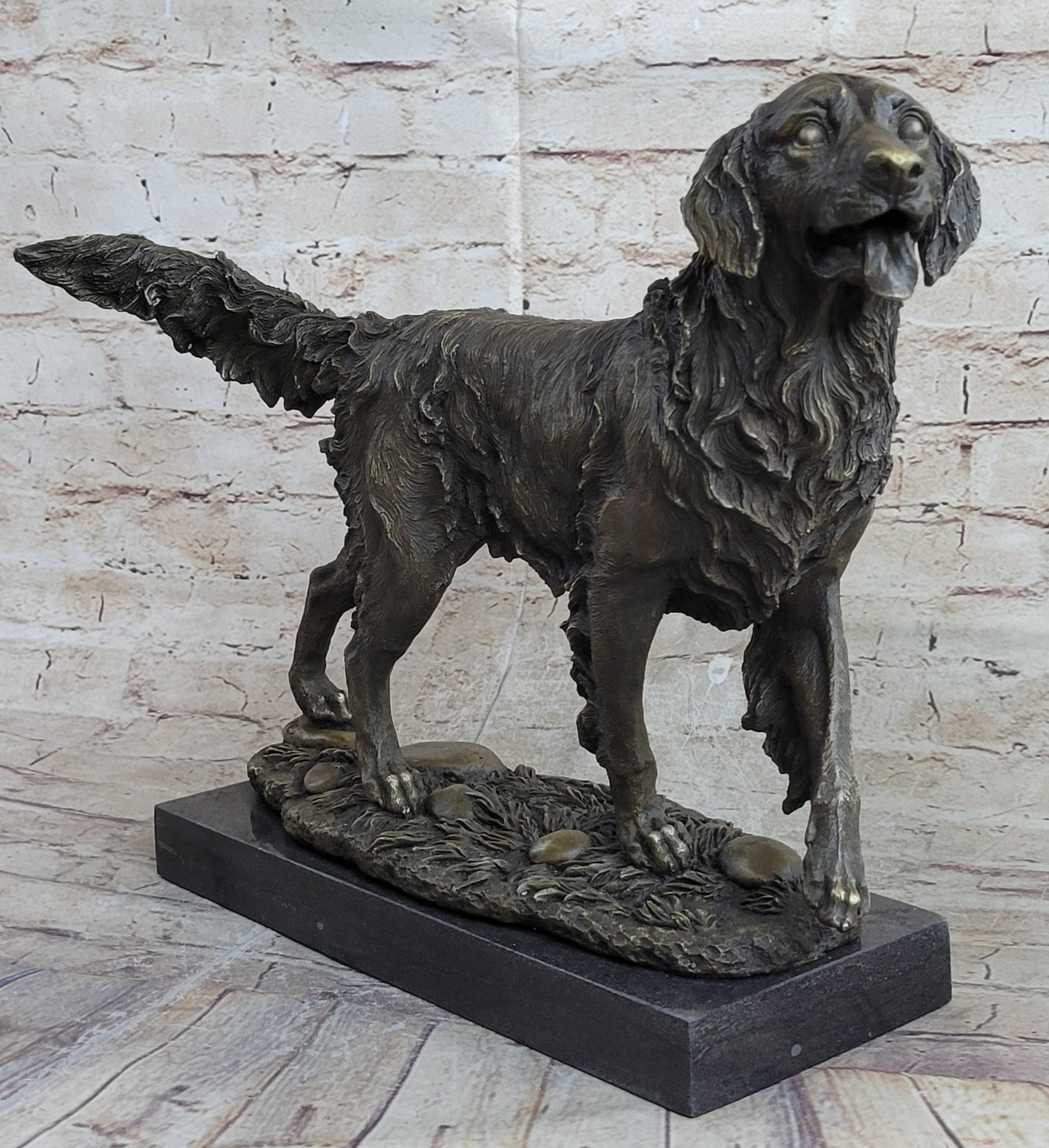 Golden Retriever Dog Bronze Statue Sculpture Figure on Marble Base Signed Art