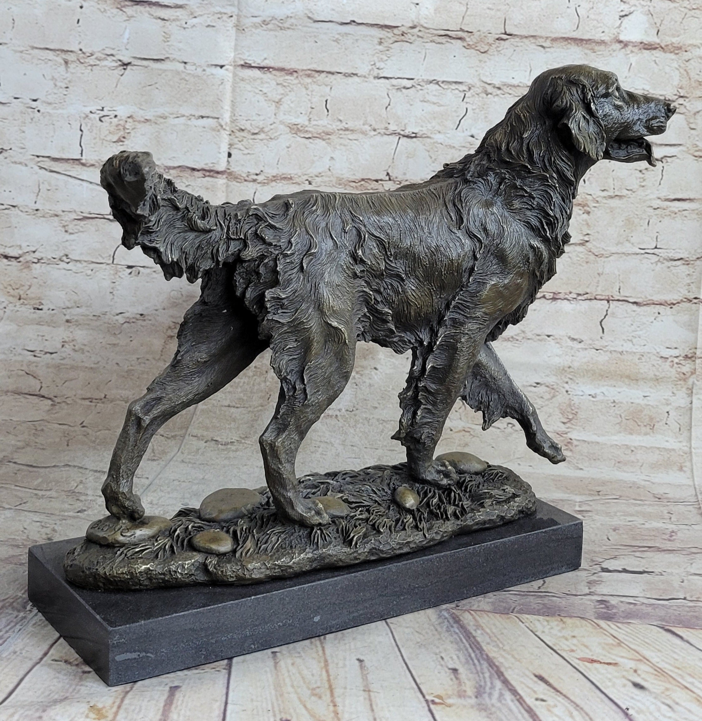 Golden Retriever Dog Bronze Statue Sculpture Figure on Marble Base Signed Art