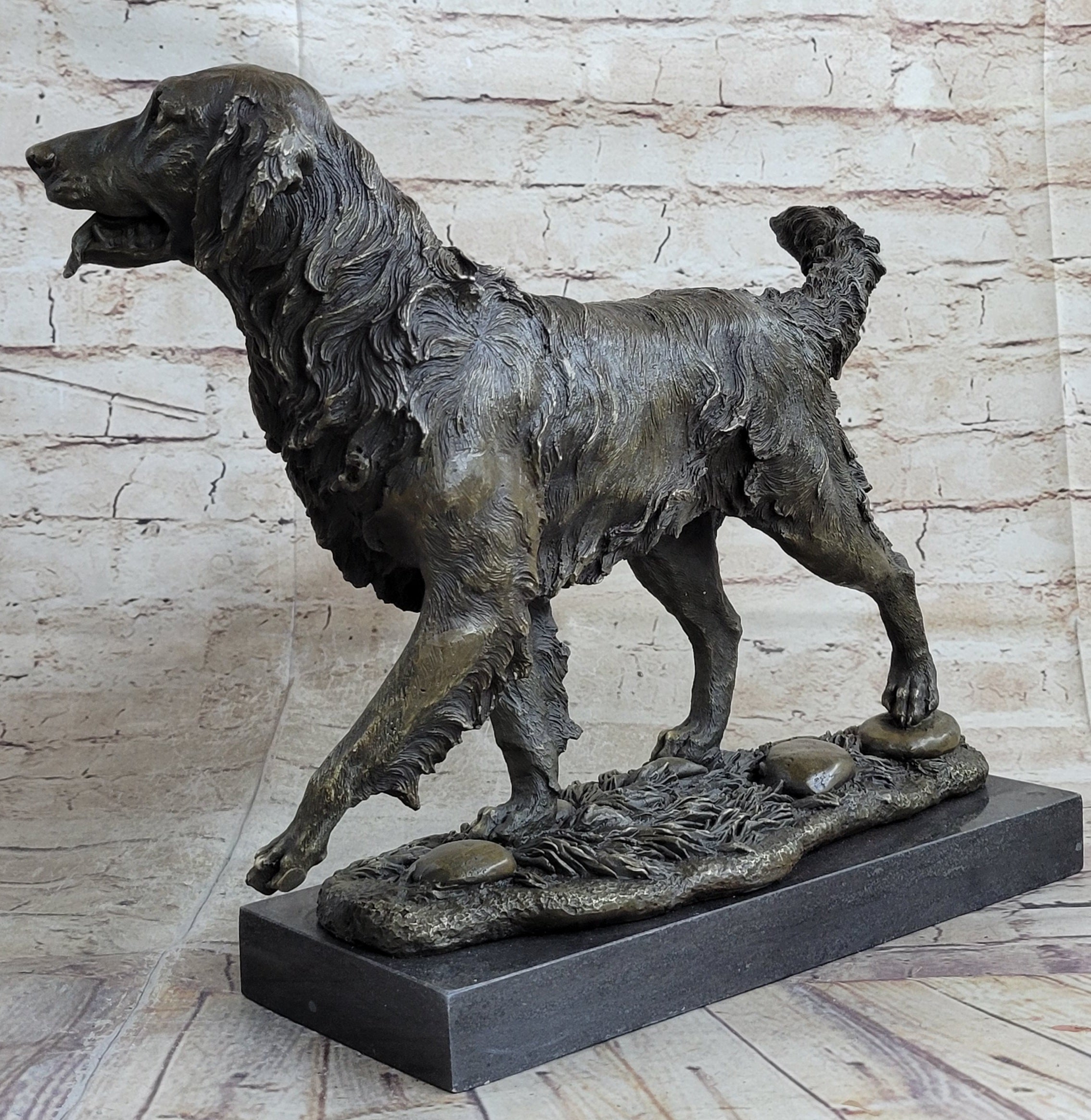 Golden Retriever Dog Bronze Statue Sculpture Figure on Marble Base Signed Art