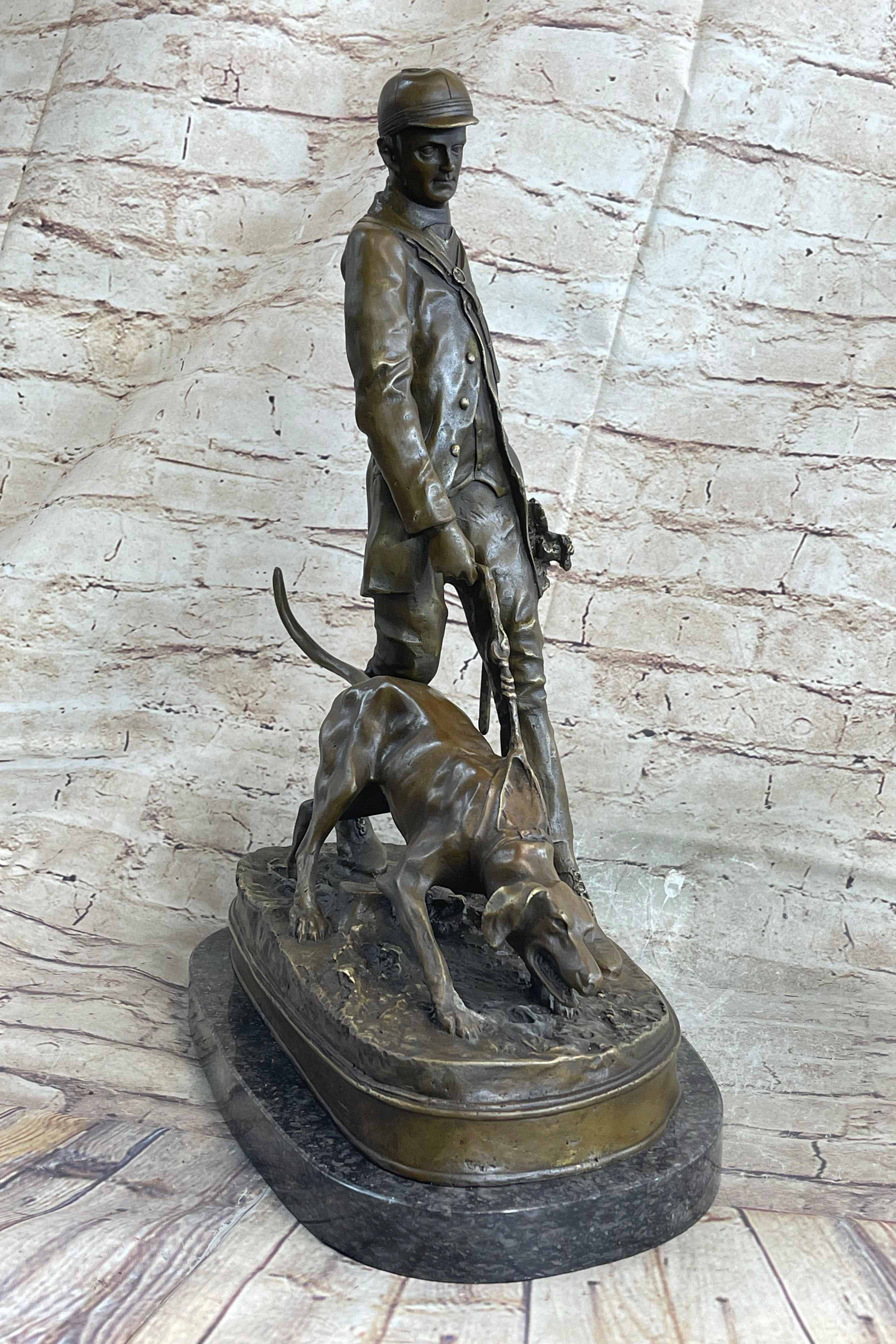 Original Italian Artist Aldo Vitaleh Hunter and Dog Bronze Marble Base Sculpture