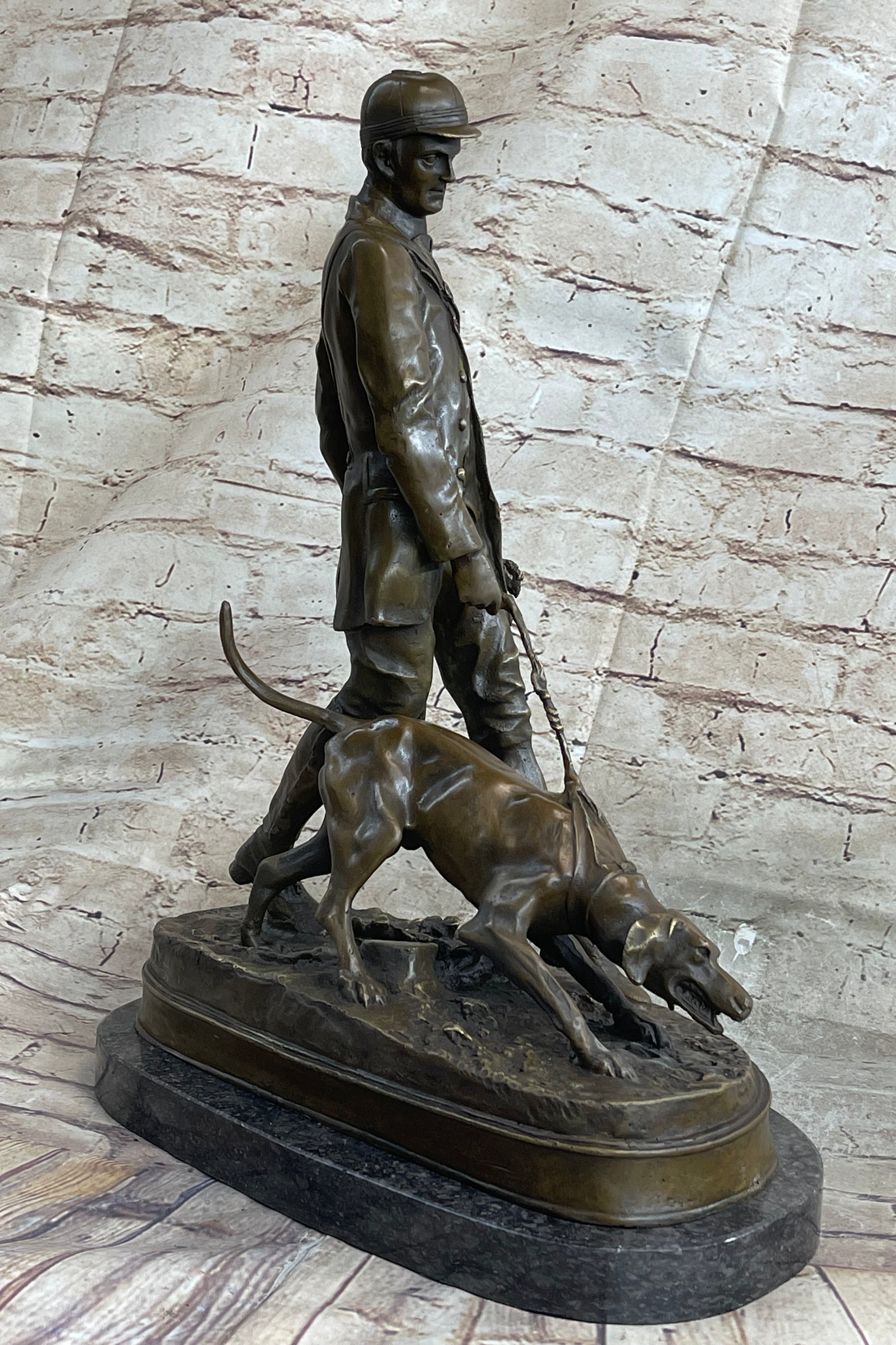 Original Italian Artist Aldo Vitaleh Hunter and Dog Bronze Marble Base Sculpture